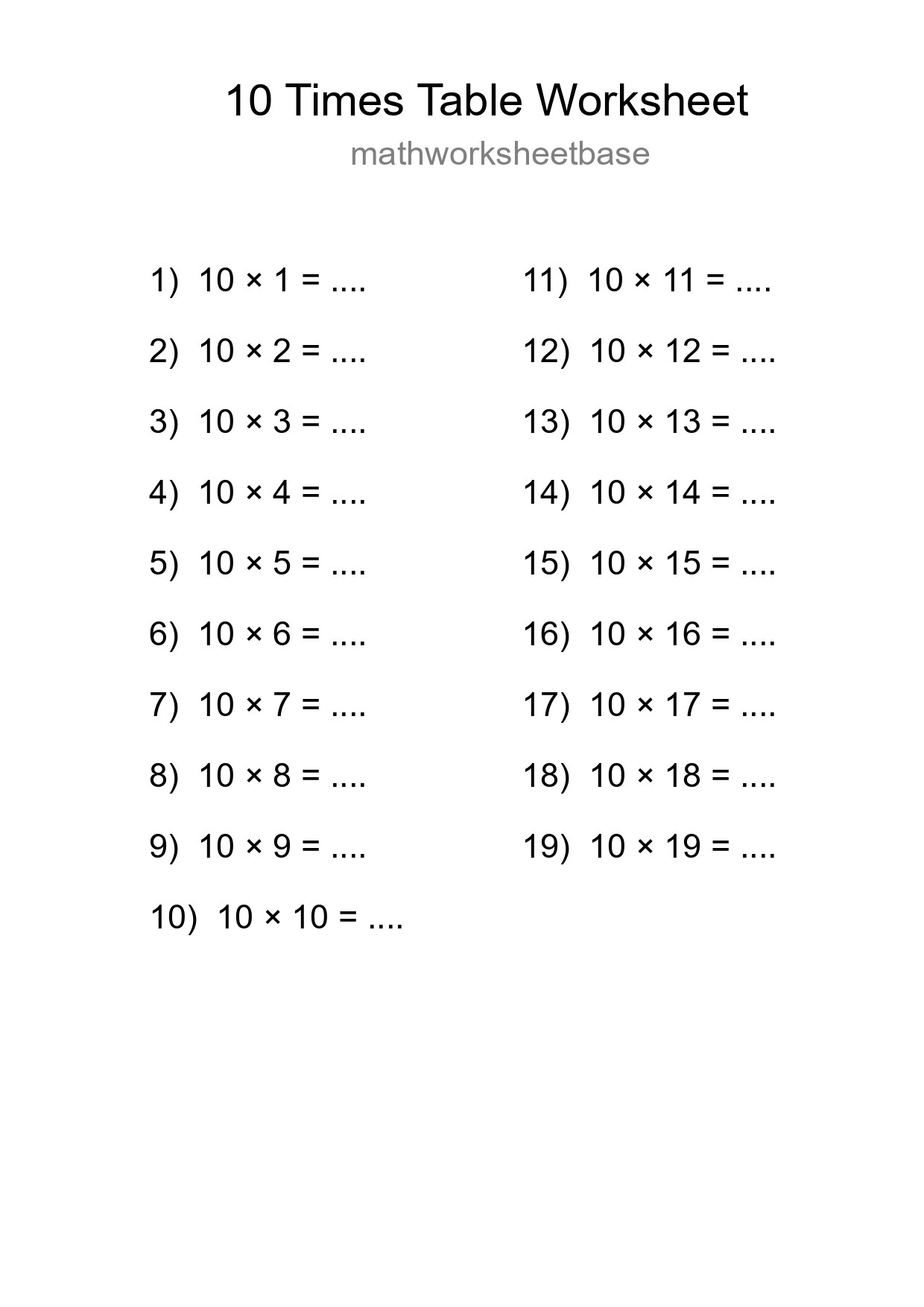10 Times Table Worksheet For Grade 3 - Part 239