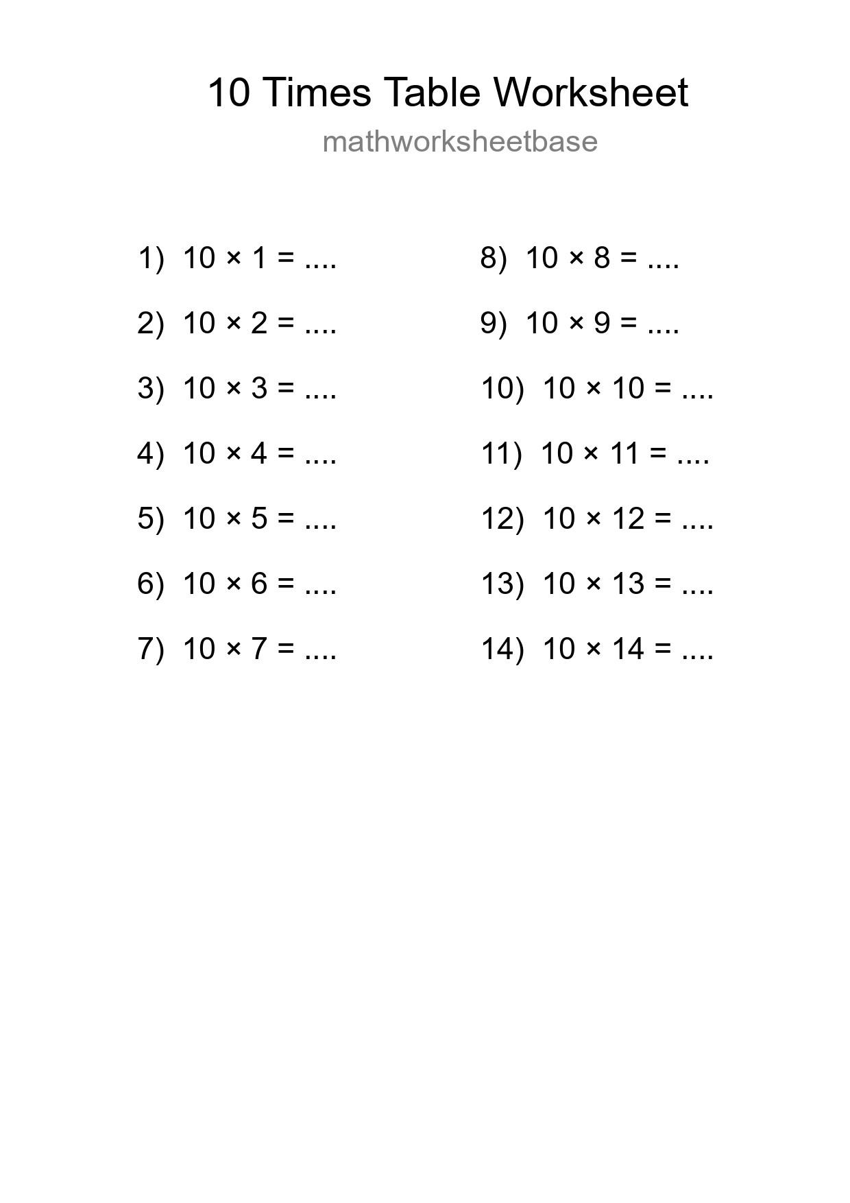 10 Times Table Worksheet For Grade 3 - Part 99