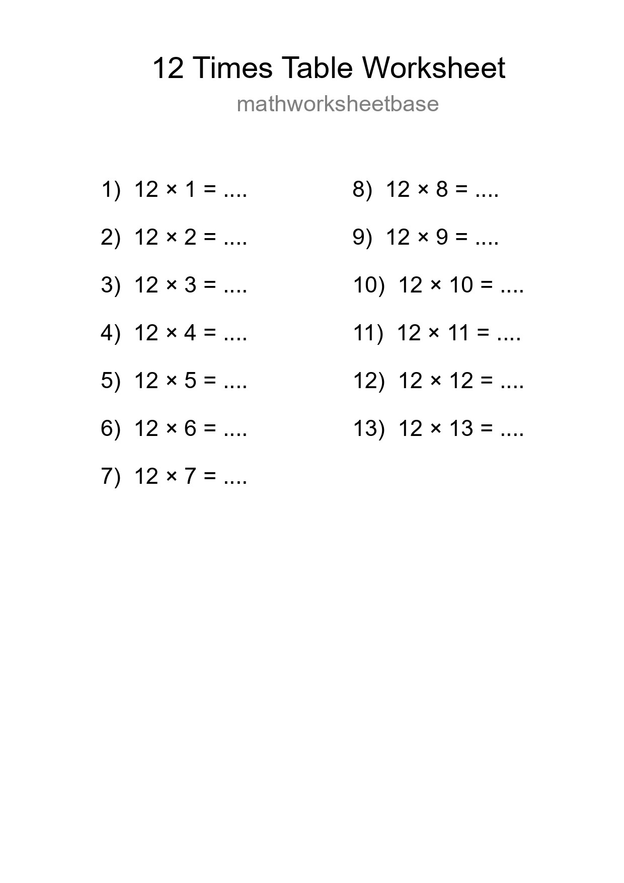 12 Times Table Worksheet For Grade 4 - Part 139