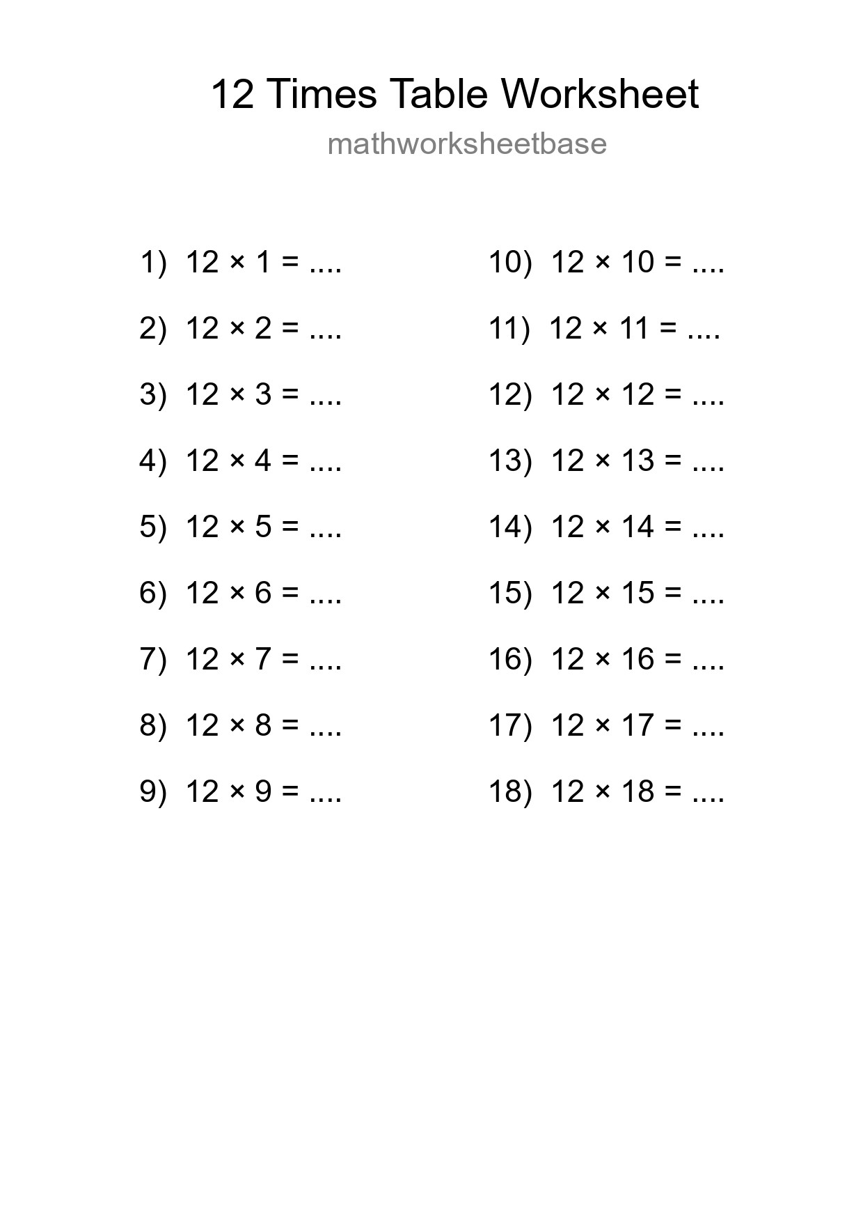 12 Times Table Worksheet For Grade 4 With Answers - Part 289