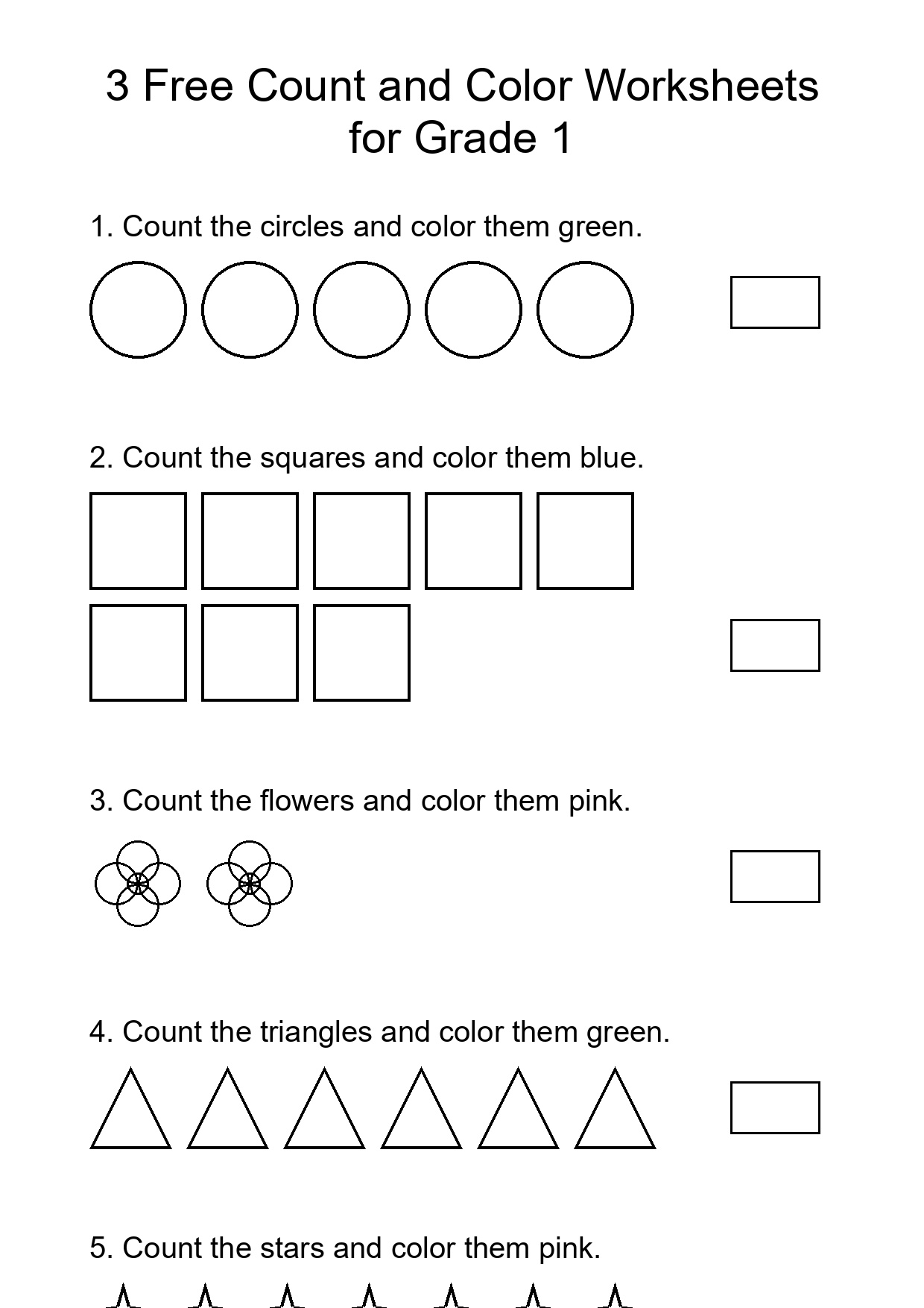 3 Free Count and Color Worksheets for Grade 1