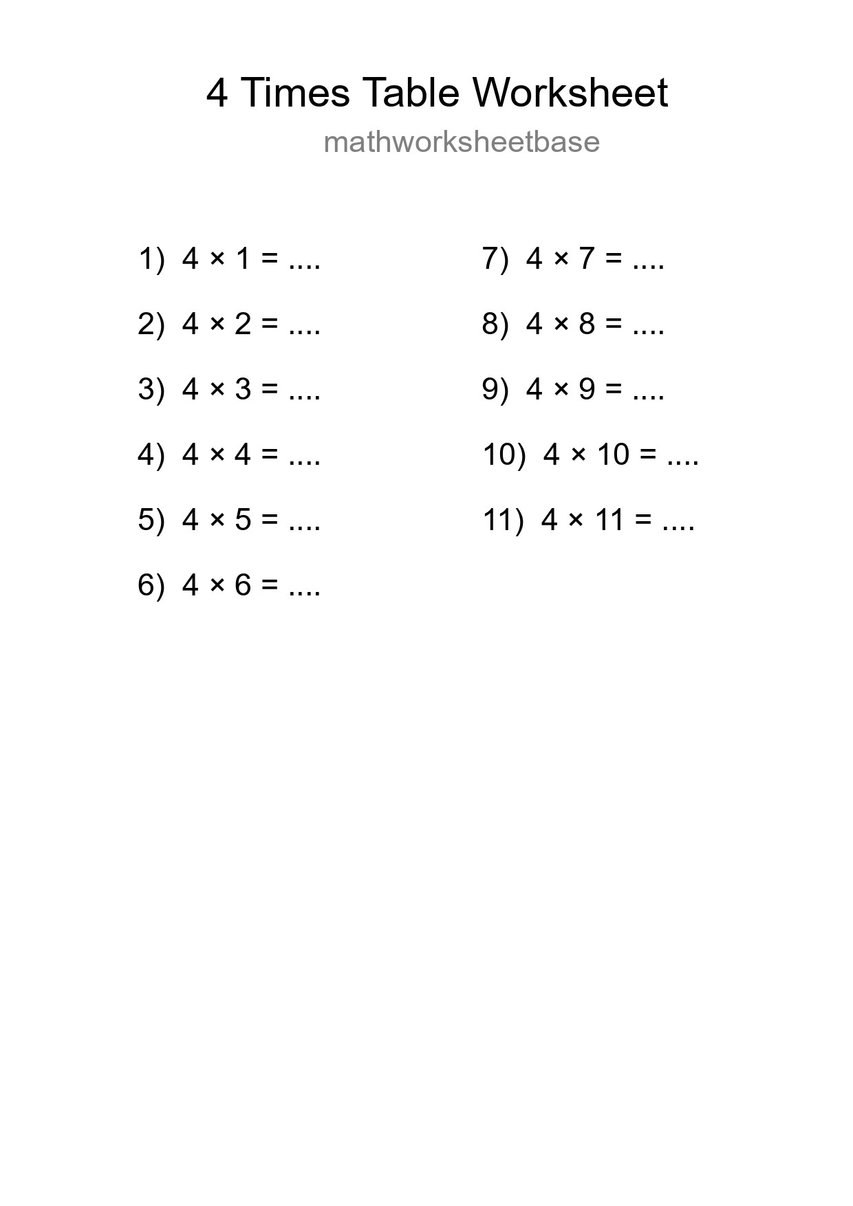 4 Times Table Worksheet For Grade 2 With Answers - Part 79