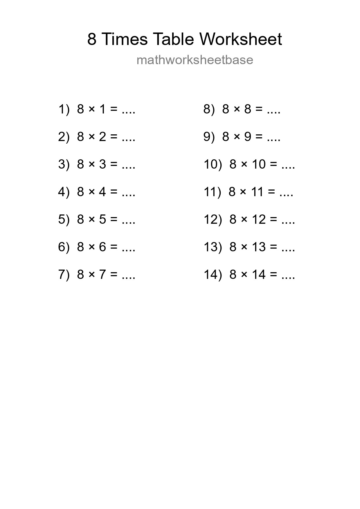8 Times Table Worksheet For Grade 3 - Part 199