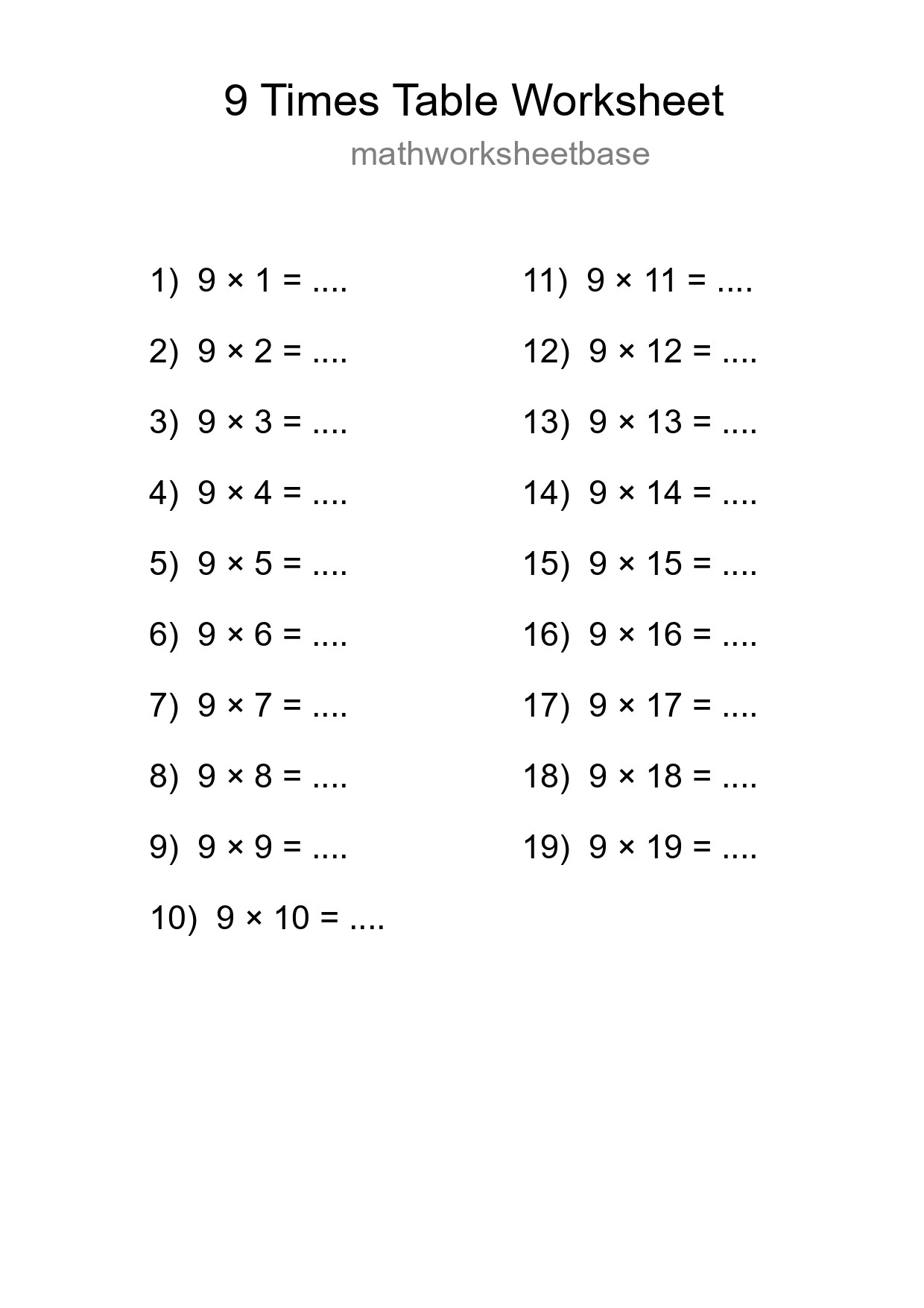 9 Times Table Worksheet For Grade 3 - Part 119