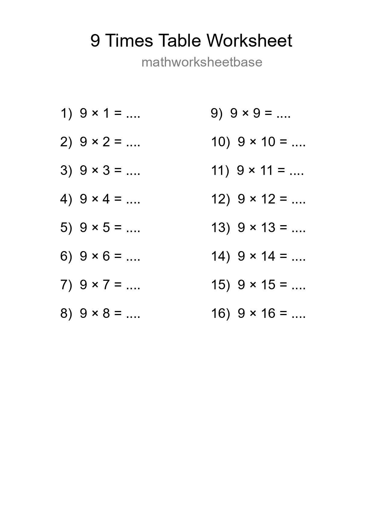 9 Times Table Worksheet For Grade 3 - Part 69