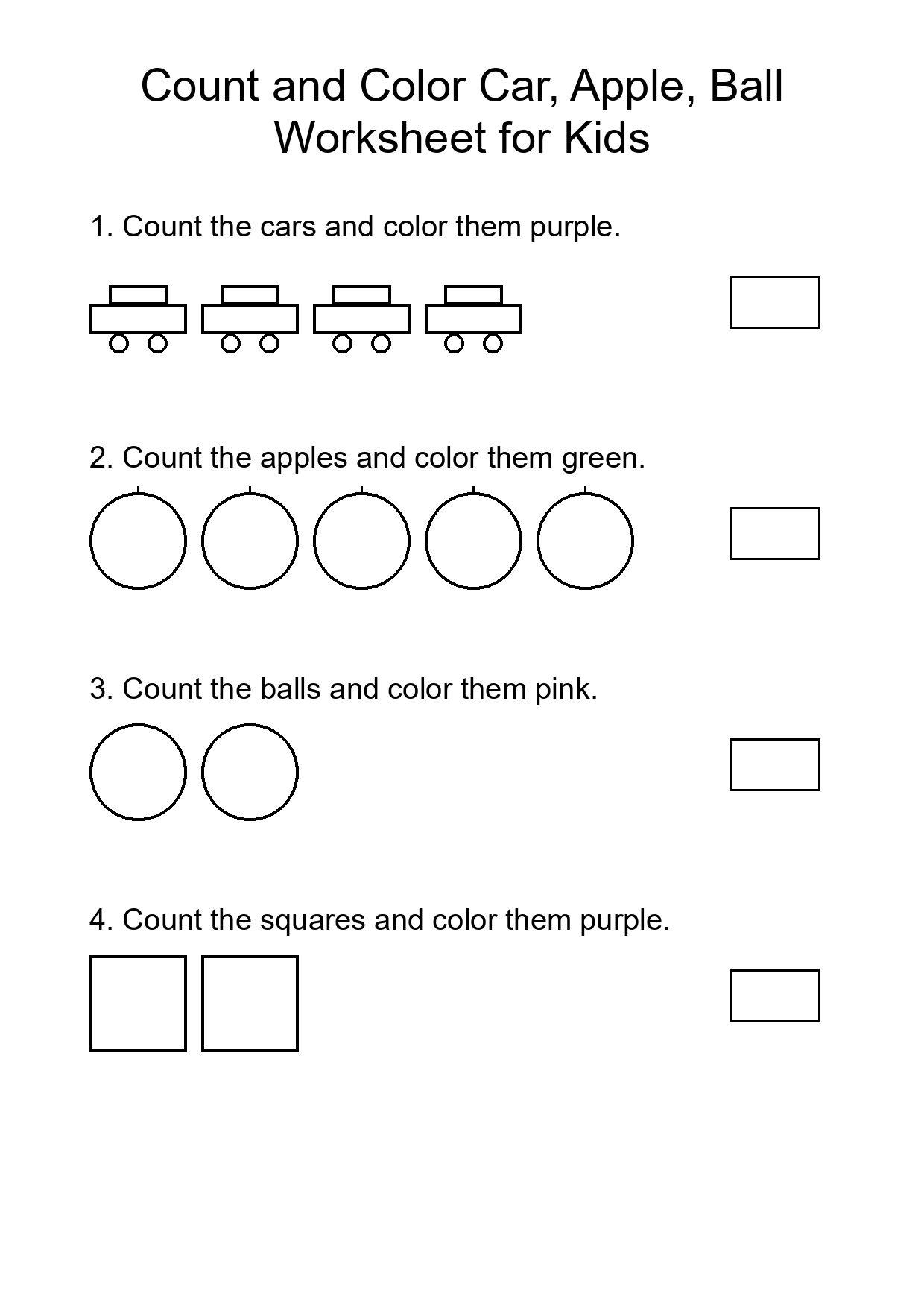 Count and Color Car, Apple, Ball Worksheet for Kids