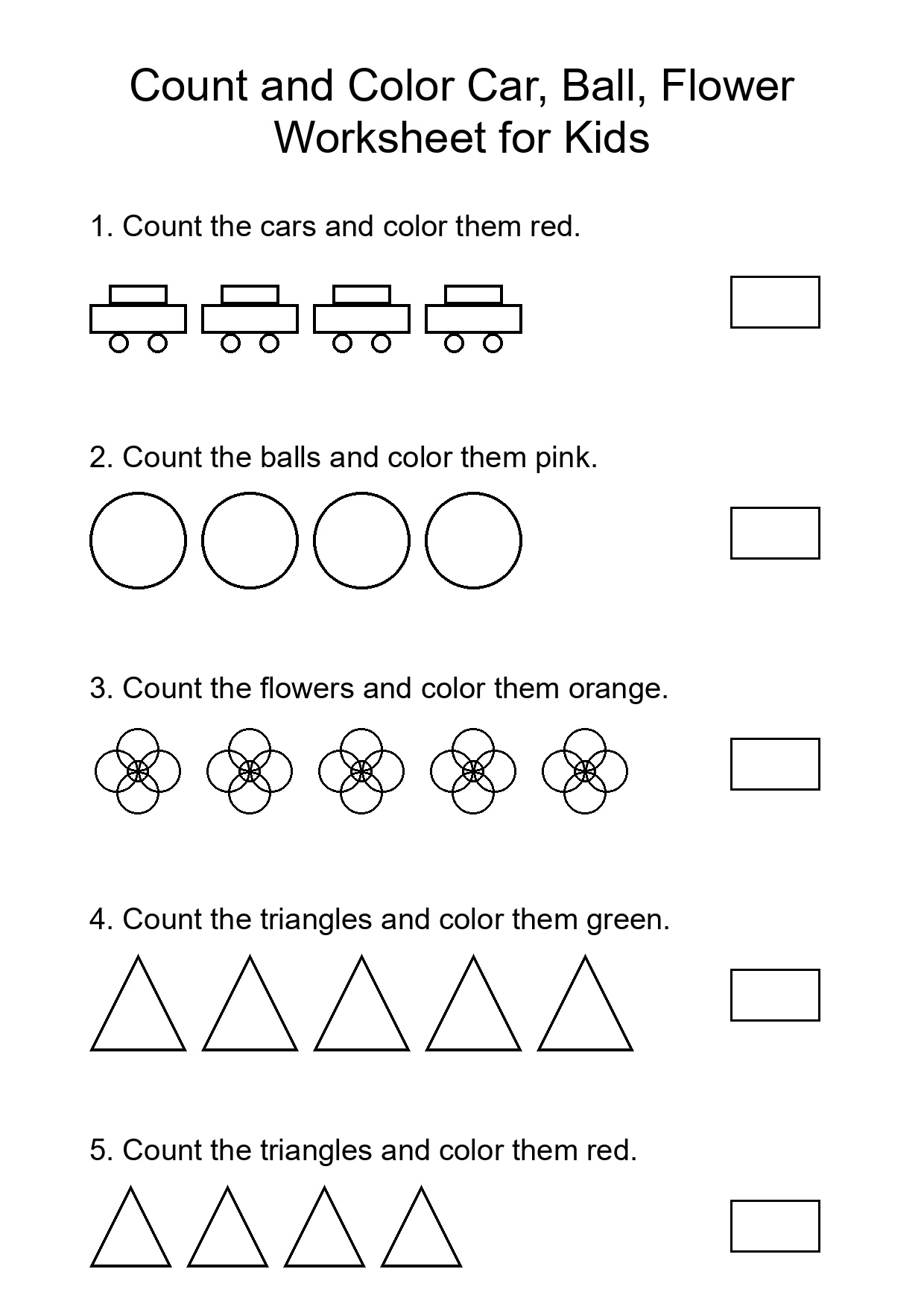 Count and Color Car, Ball, Flower Worksheet for Kids