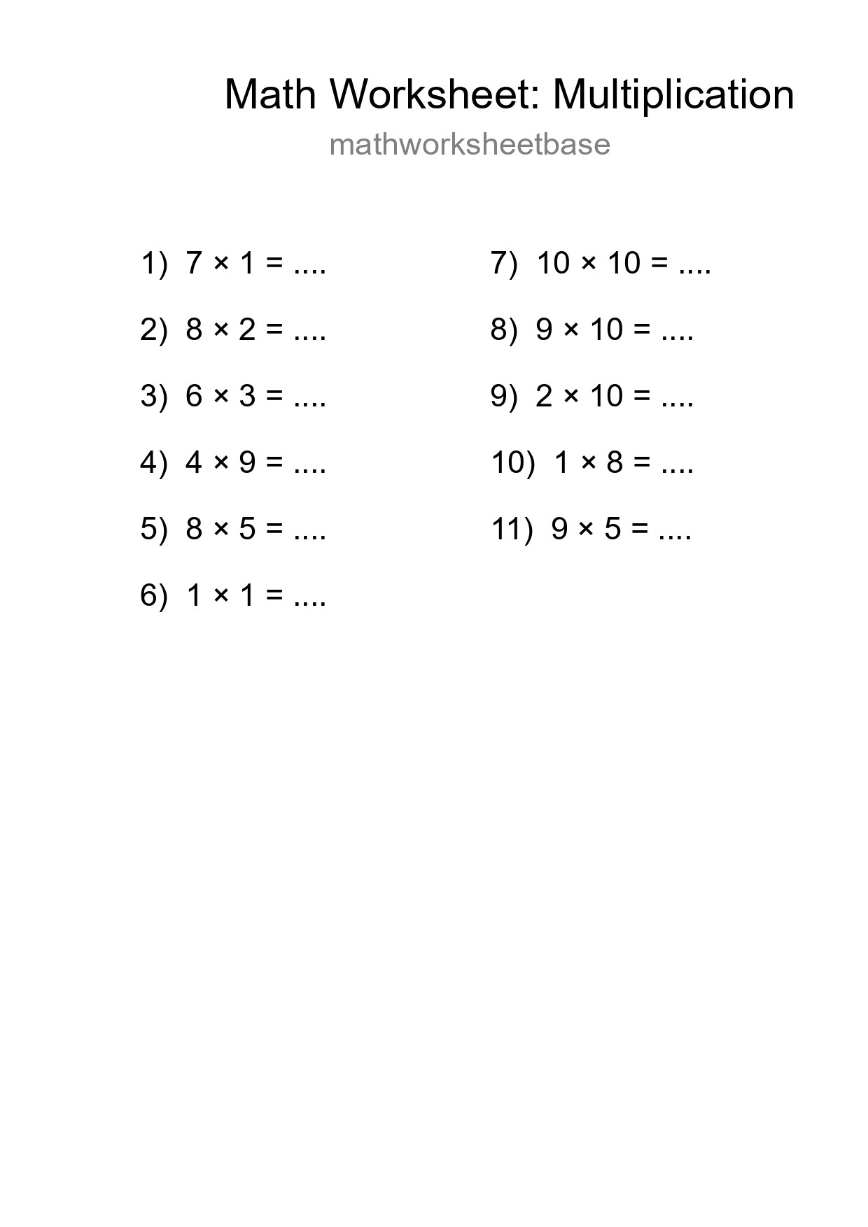 Free 11 Multiplication Math Worksheet For Grade 1 With Answers - Part 147