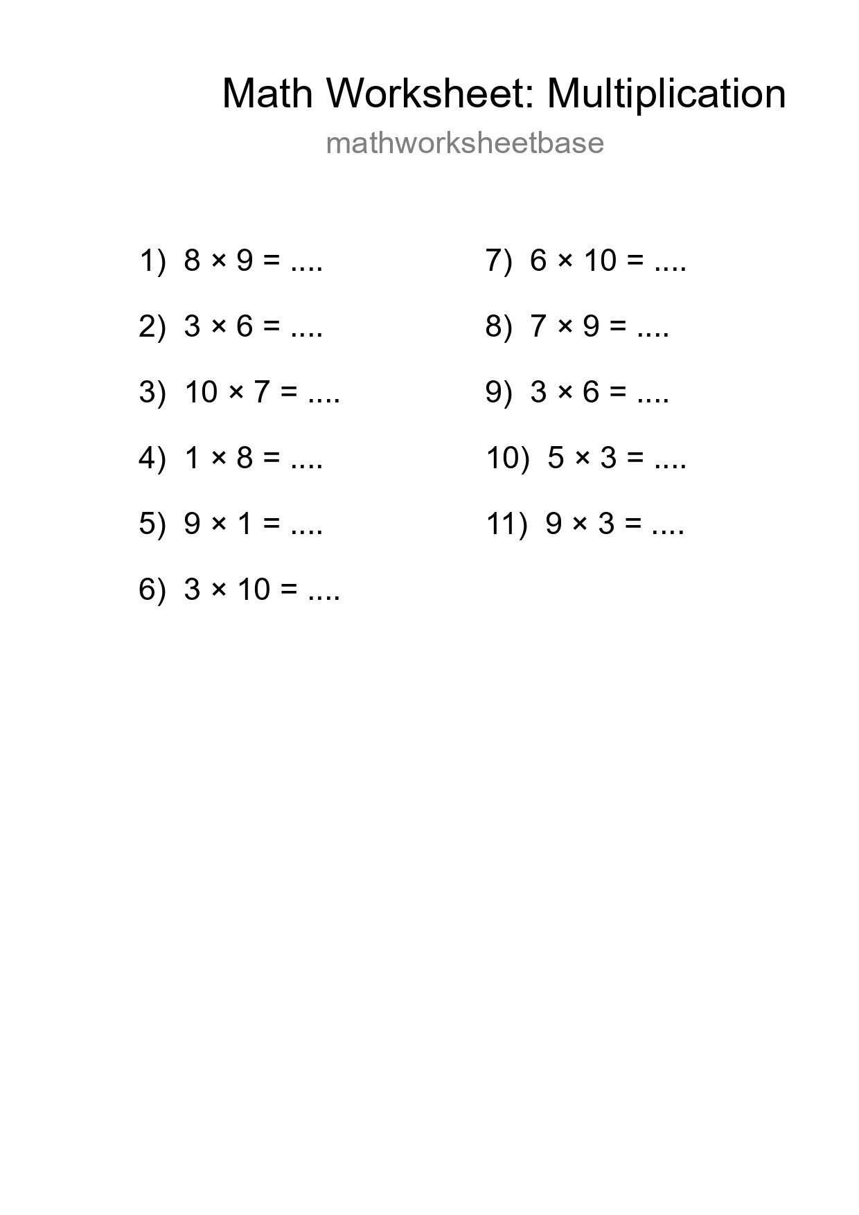 Free 11 Multiplication Math Worksheet For Grade 1 With Answers - Part 157