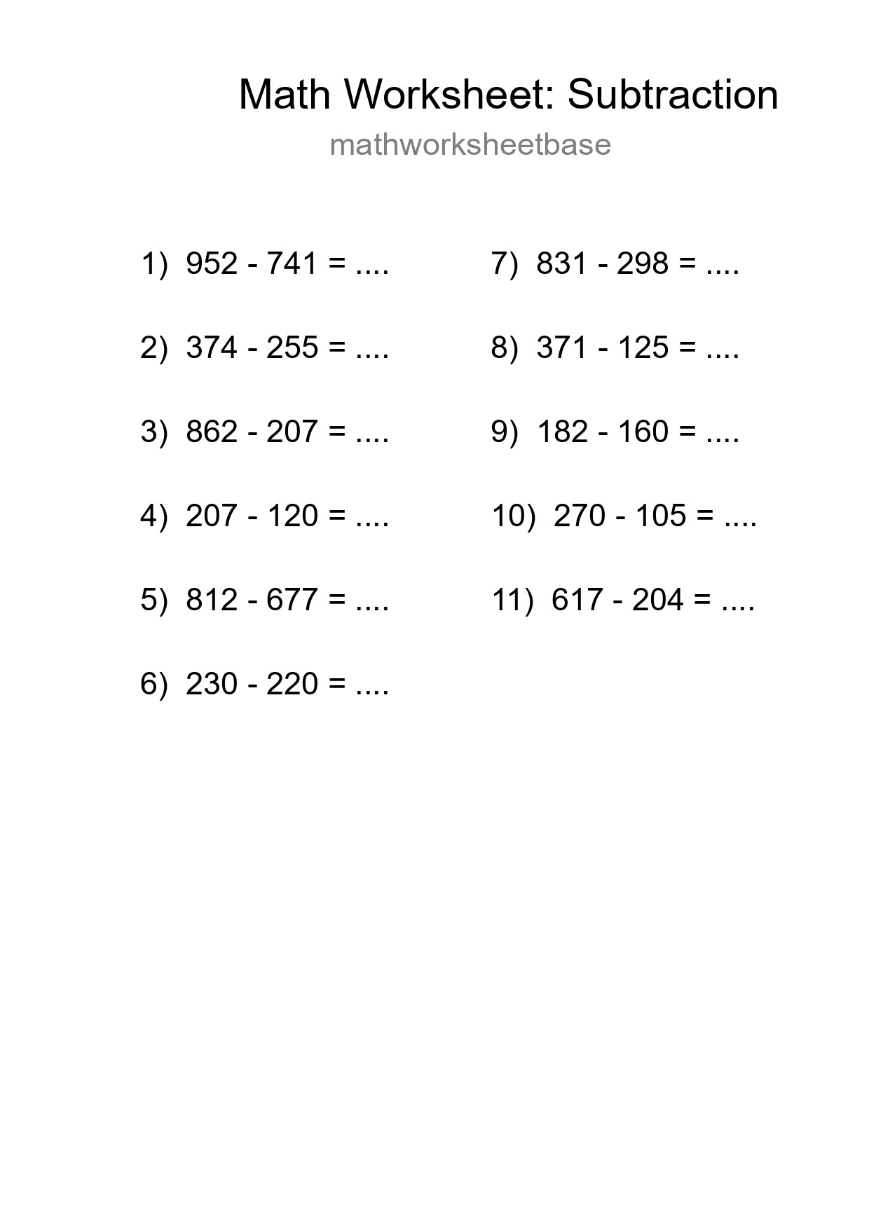 Free 11 Subtraction Math Worksheet For Grade 5 With Answers - Part 288