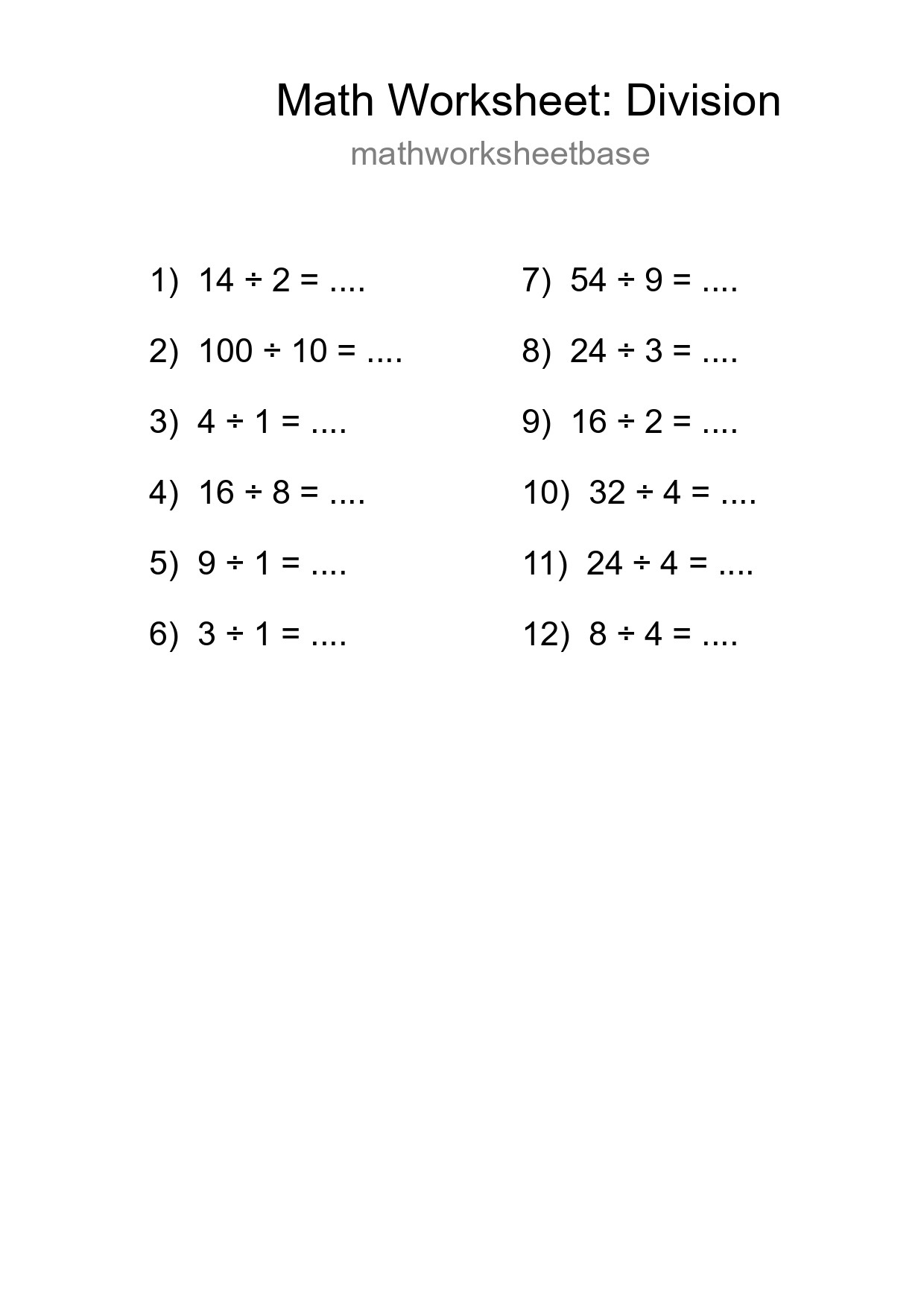 Free 12 Division Math Worksheet For Grade 1 With Answers - Part 154