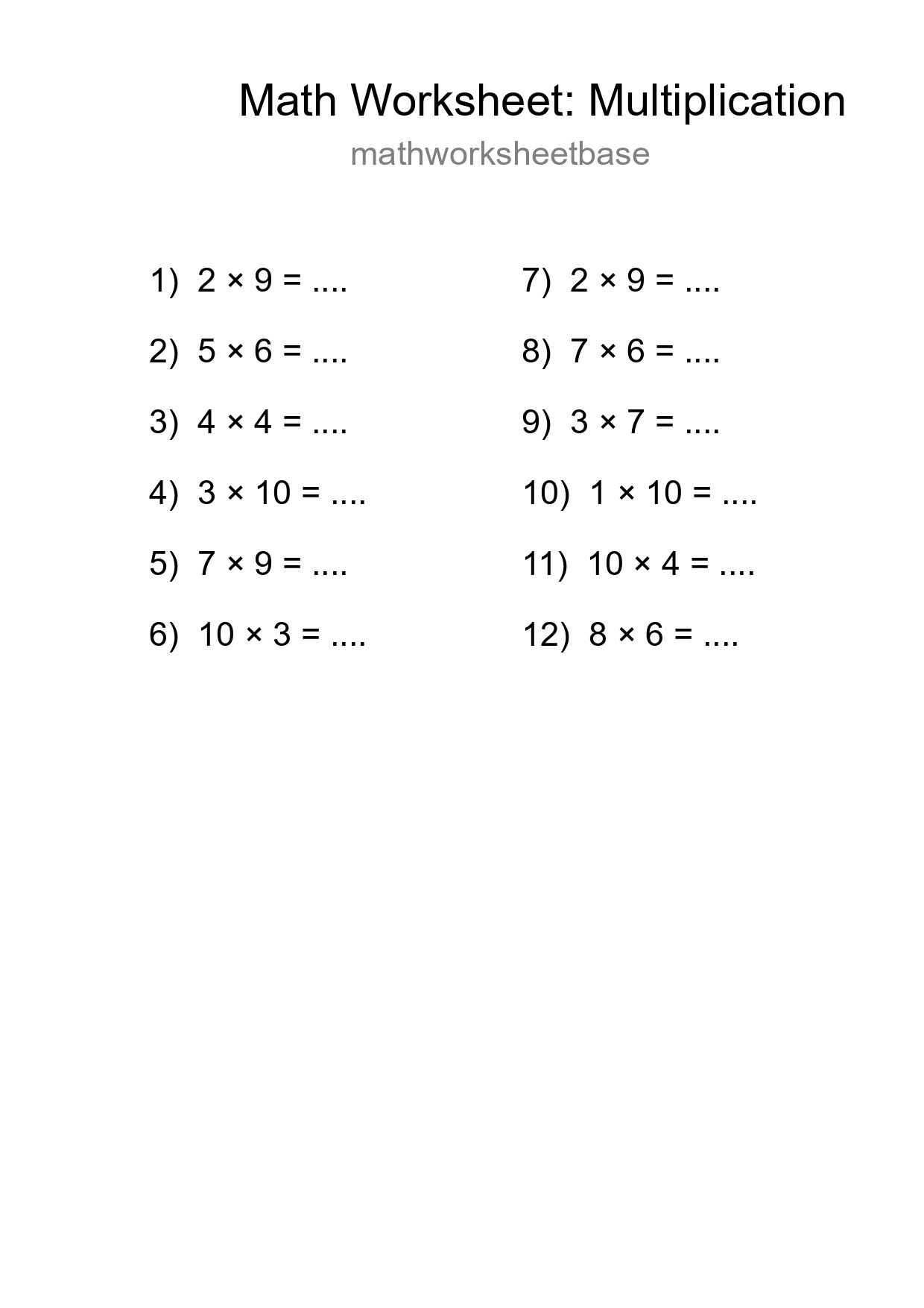 Free 12 Multiplication Math Worksheet For Grade 1 With Answers - Part 217