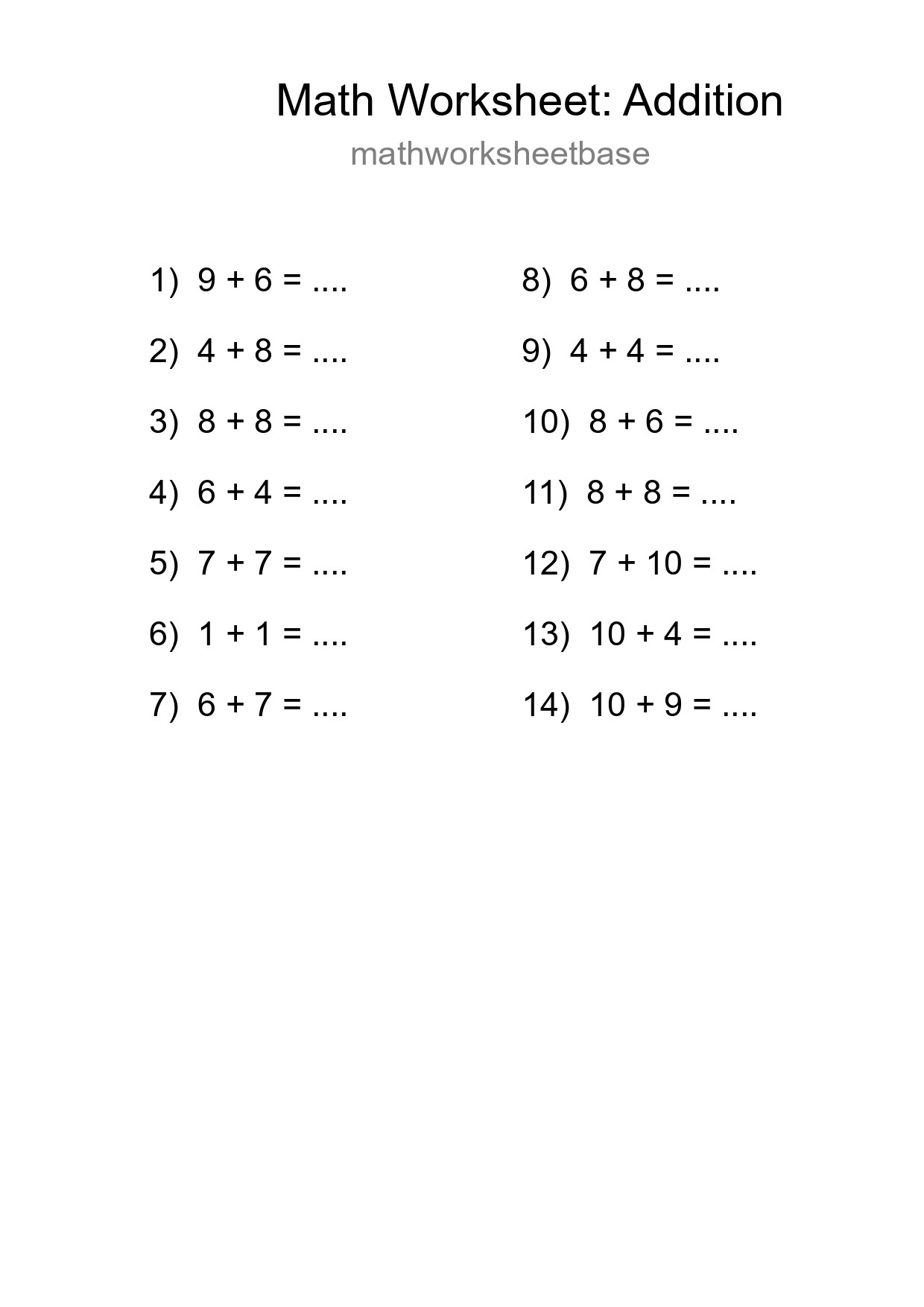 Free 14 Addition Math Worksheet For Grade 1 - Part 61