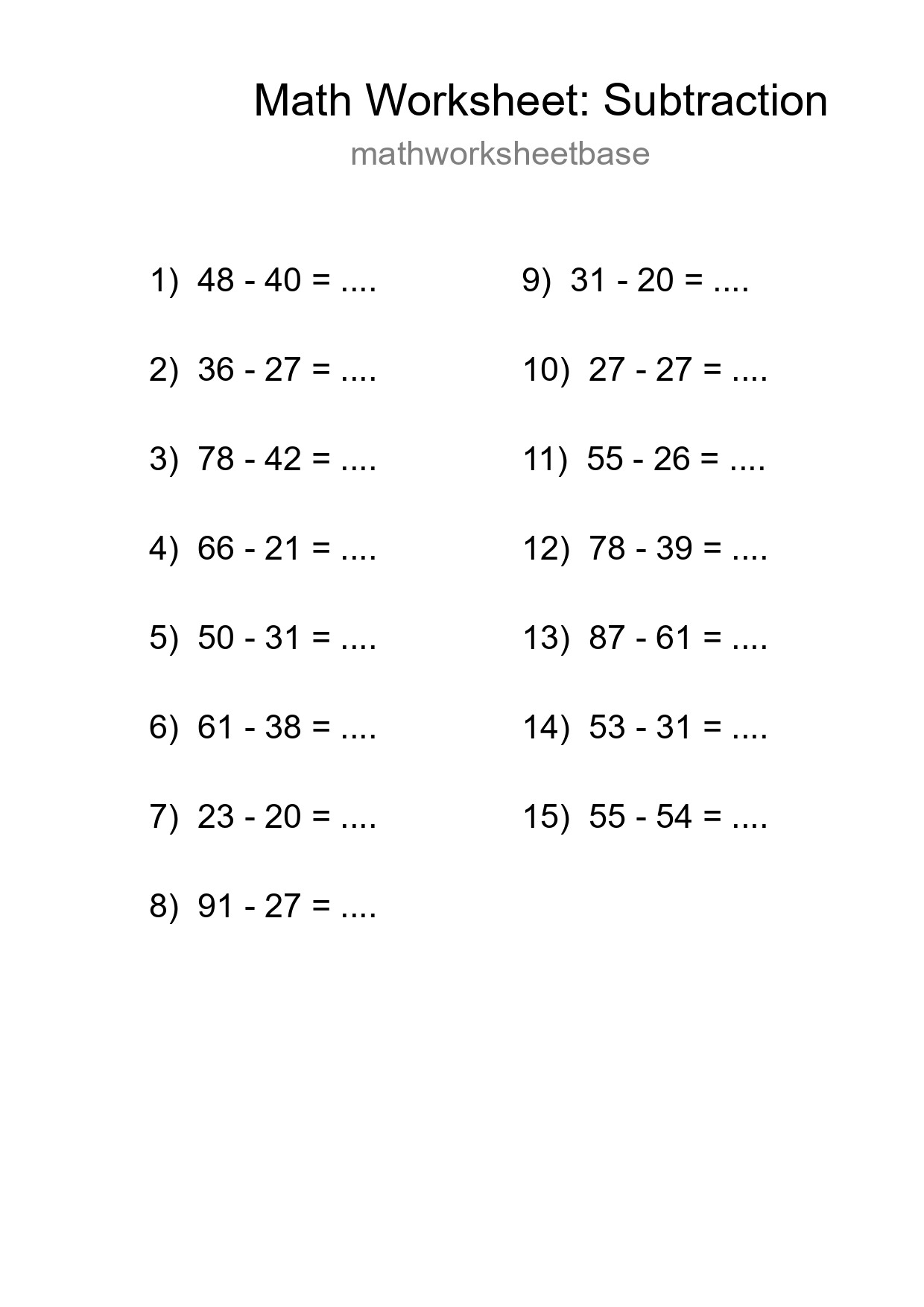 Free 15 Subtraction Math Worksheet For Grade 3 With Answers - Part 58