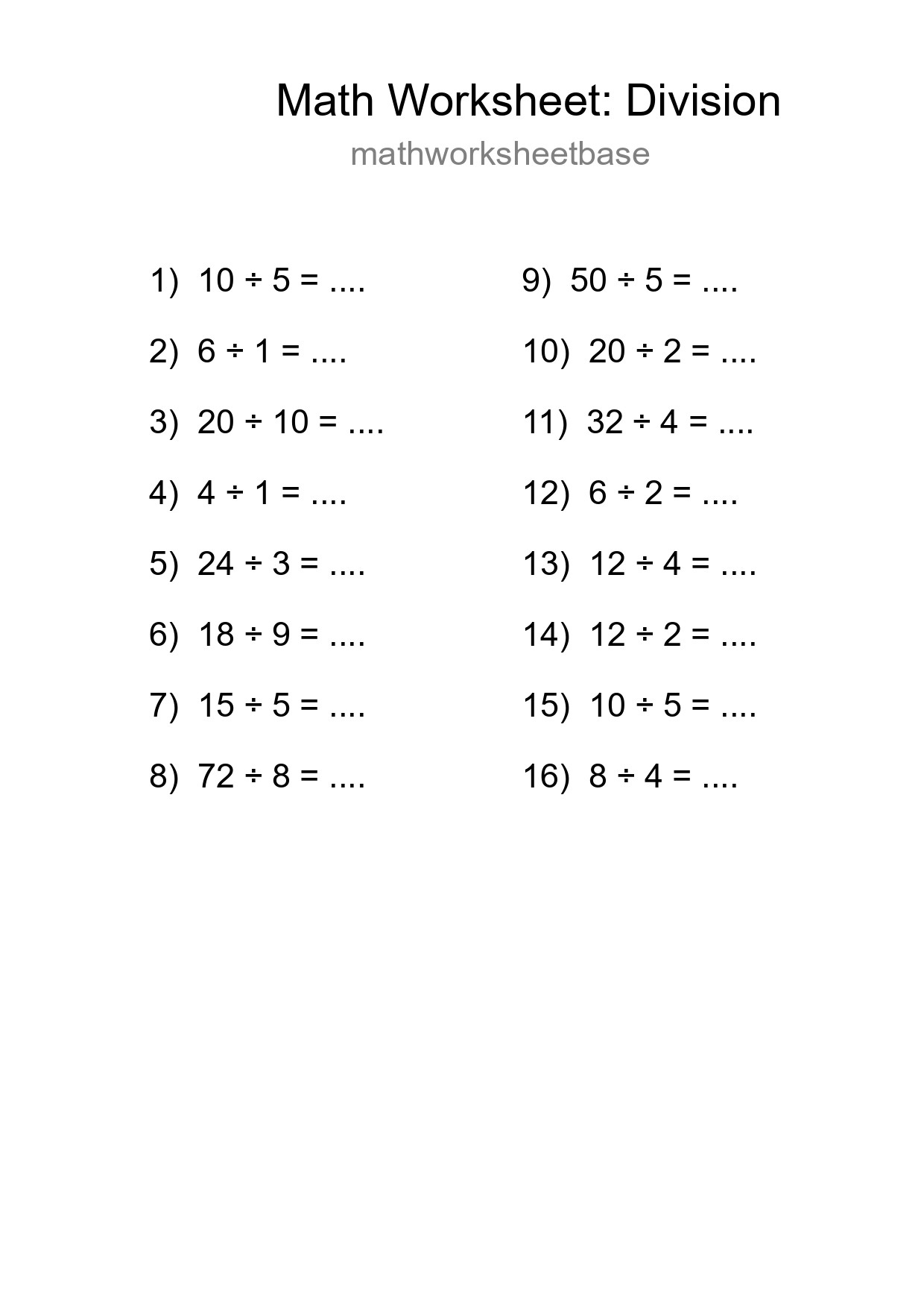 Free 16 Division Math Worksheet For Grade 1 With Answers - Part 234