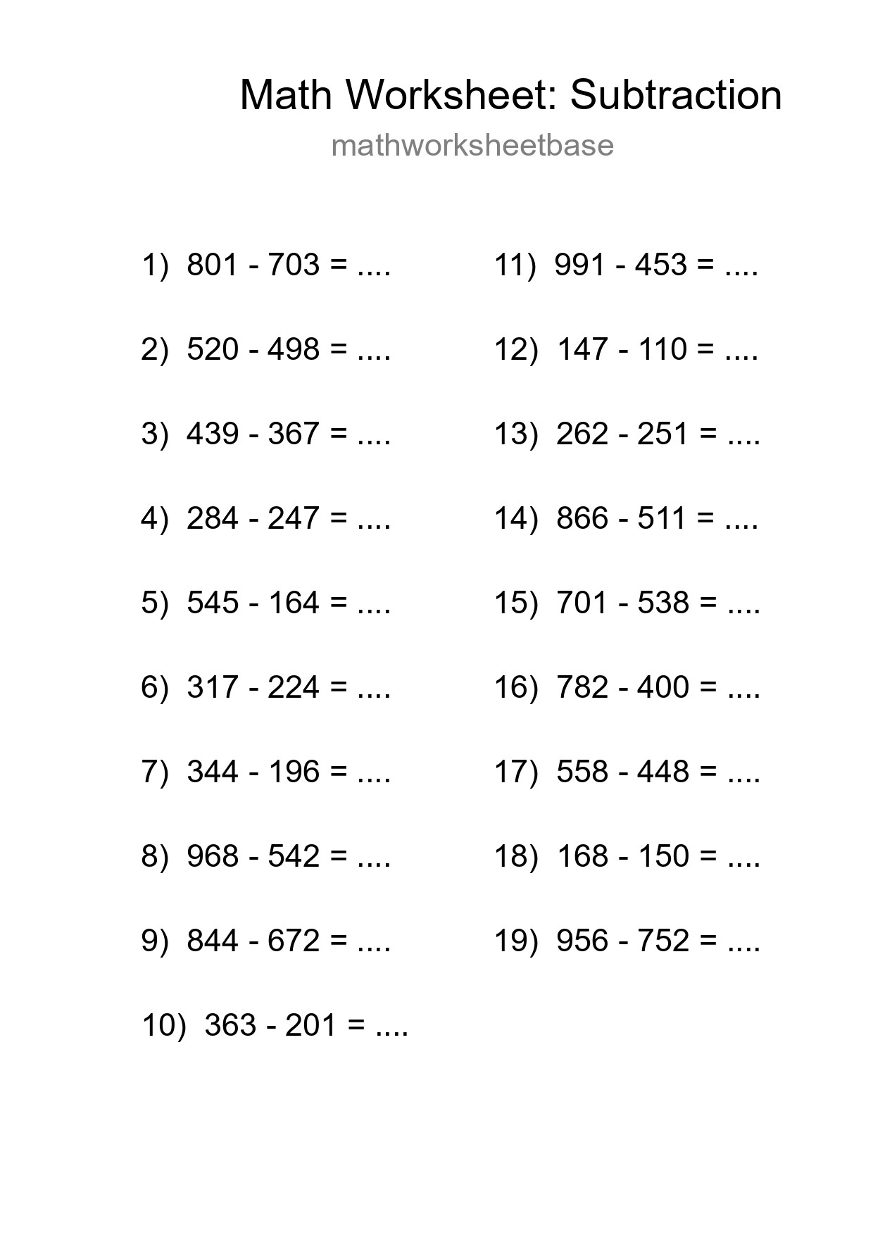 Free 19 Subtraction Math Worksheet For Grade 5 - Part 178