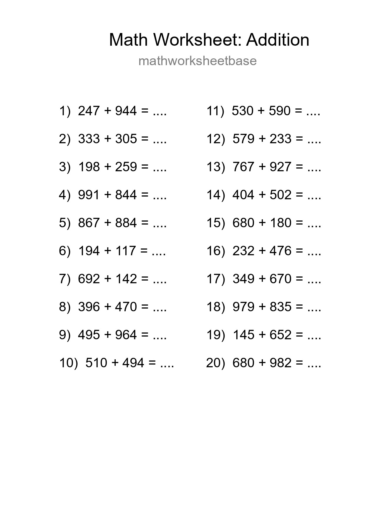Free 20 Addition Math Worksheet For Grade 5 - Part 121