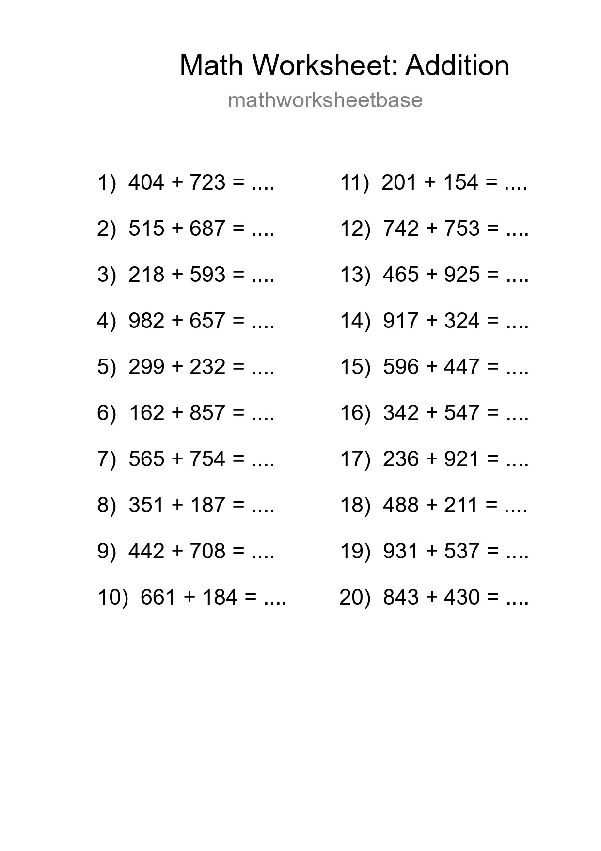 Free 20 Addition Math Worksheet For Grade 5 With Answers - Part 181