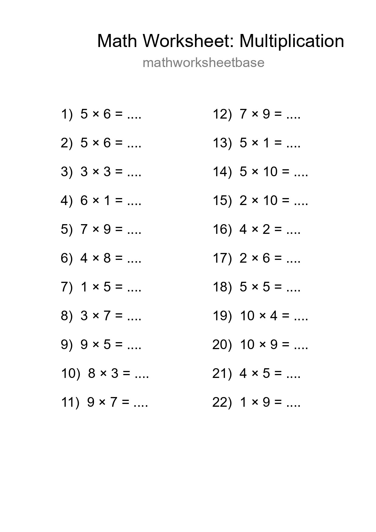 Free 22 Multiplication Math Worksheet For Grade 1 With Answers - Part 237