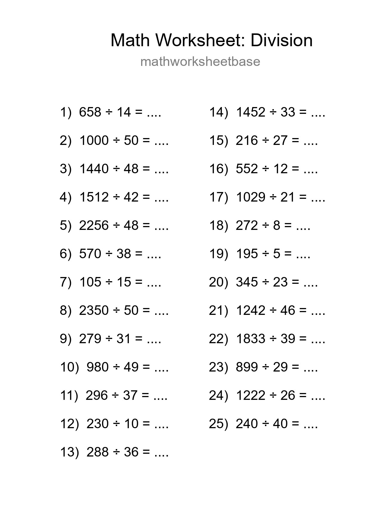 Free 25 Division Math Worksheet For Grade 2 With Answers - Part 294