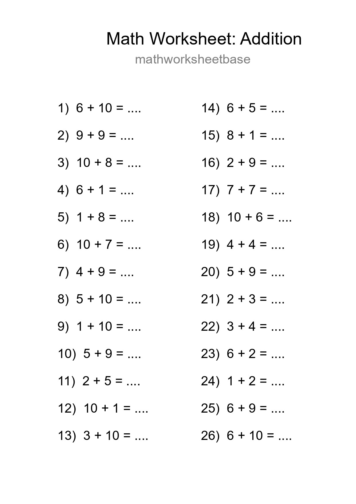 Free 26 Addition Math Worksheet For Grade 1 - Part 91