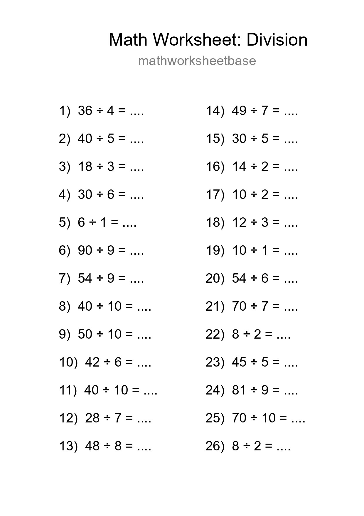 Free 26 Division Math Worksheet For Grade 1 With Answers - Part 174