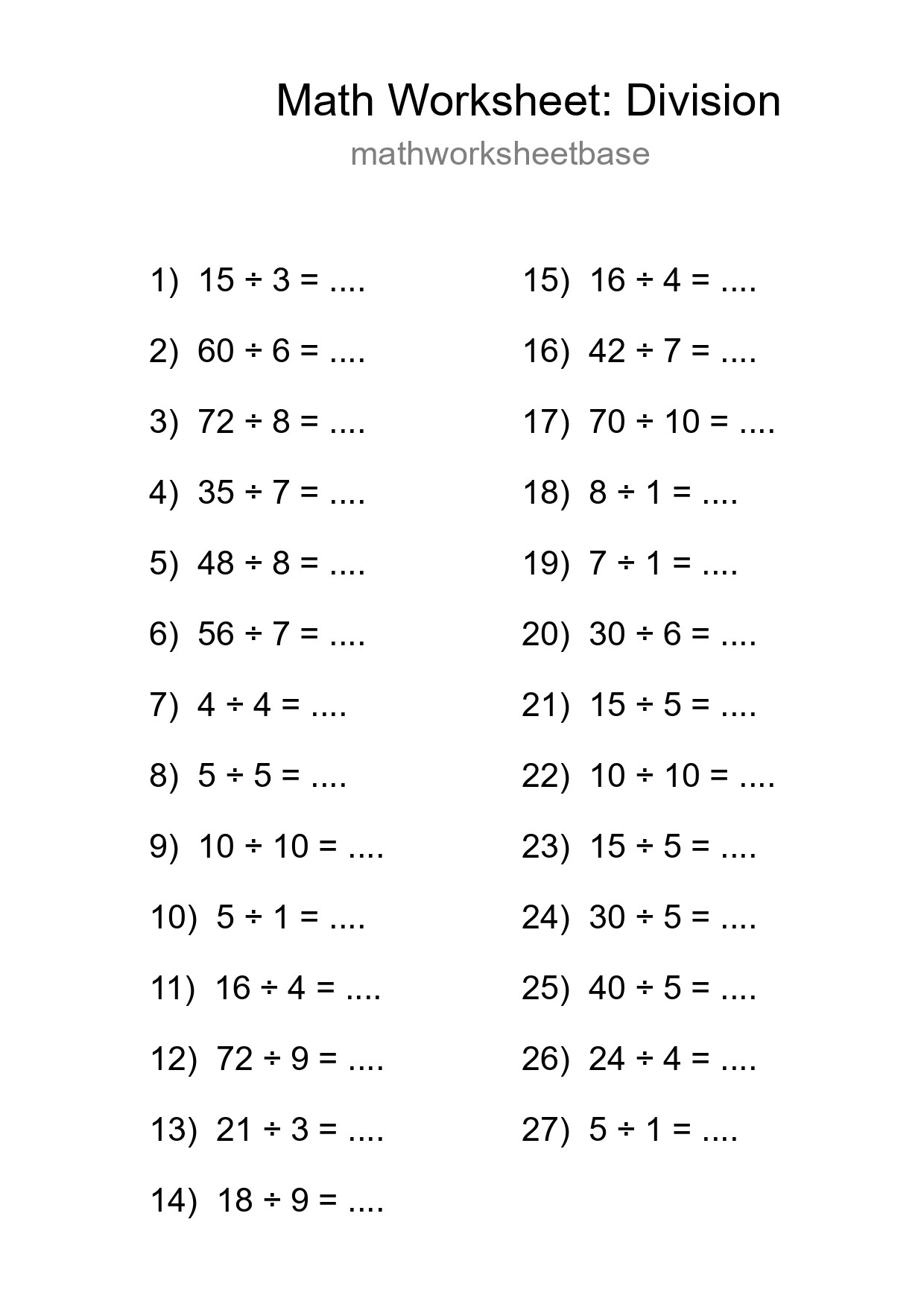 Free 27 Division Math Worksheet For Grade 1 With Answers - Part 24