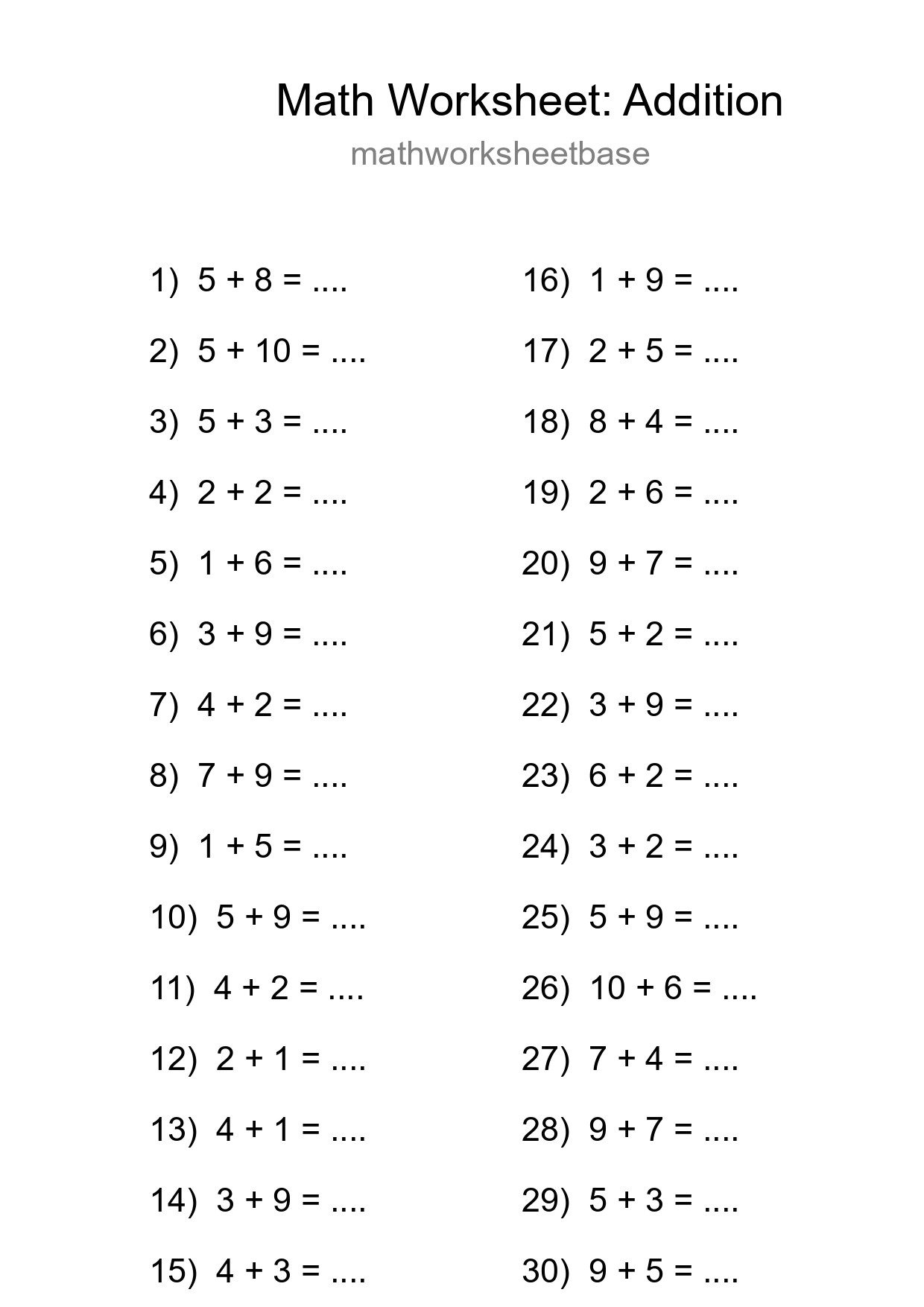 Free 30 Addition Math Worksheet For Grade 1 - Part 21