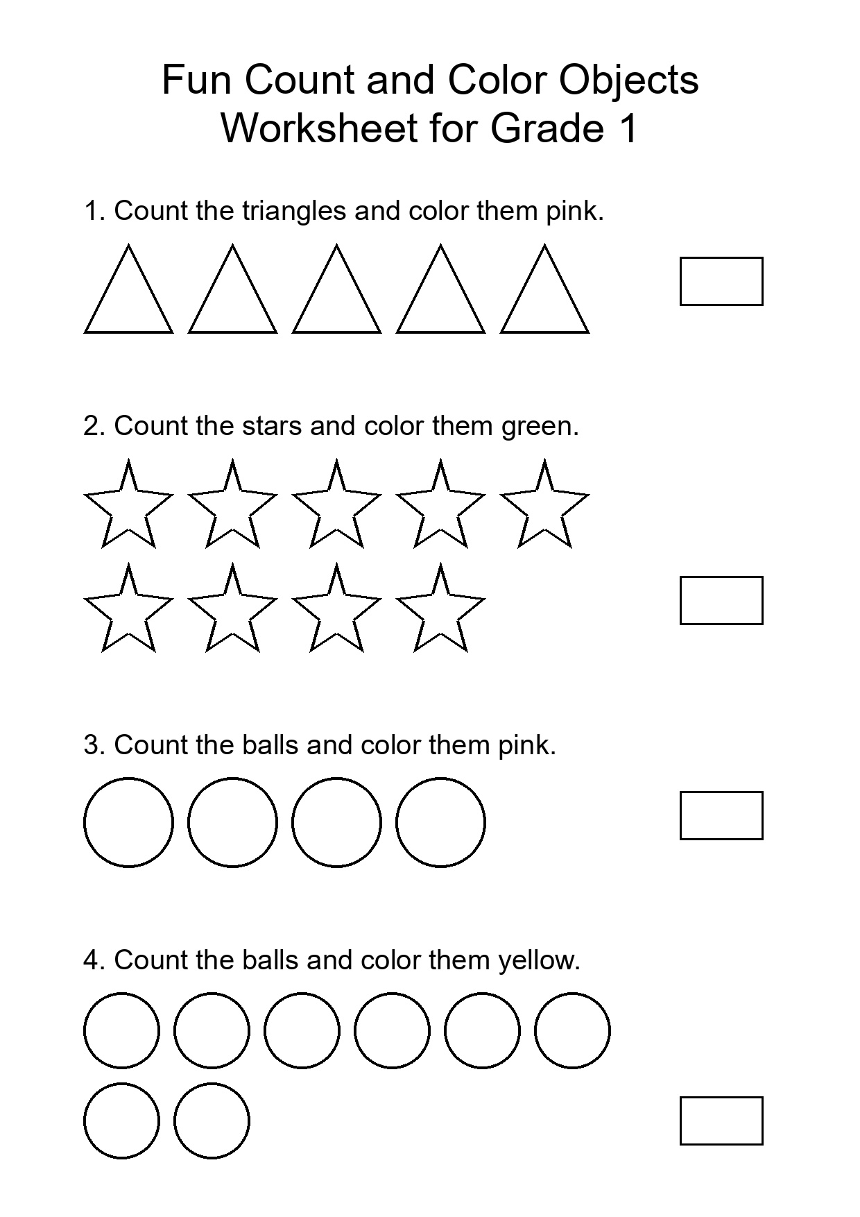 Fun Count and Color Objects Worksheet for Grade 1