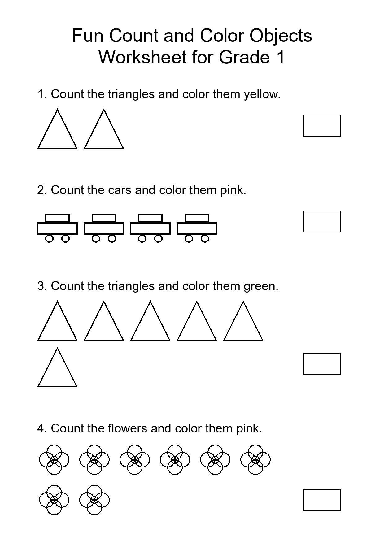Fun Count and Color Objects Worksheet for Grade 1