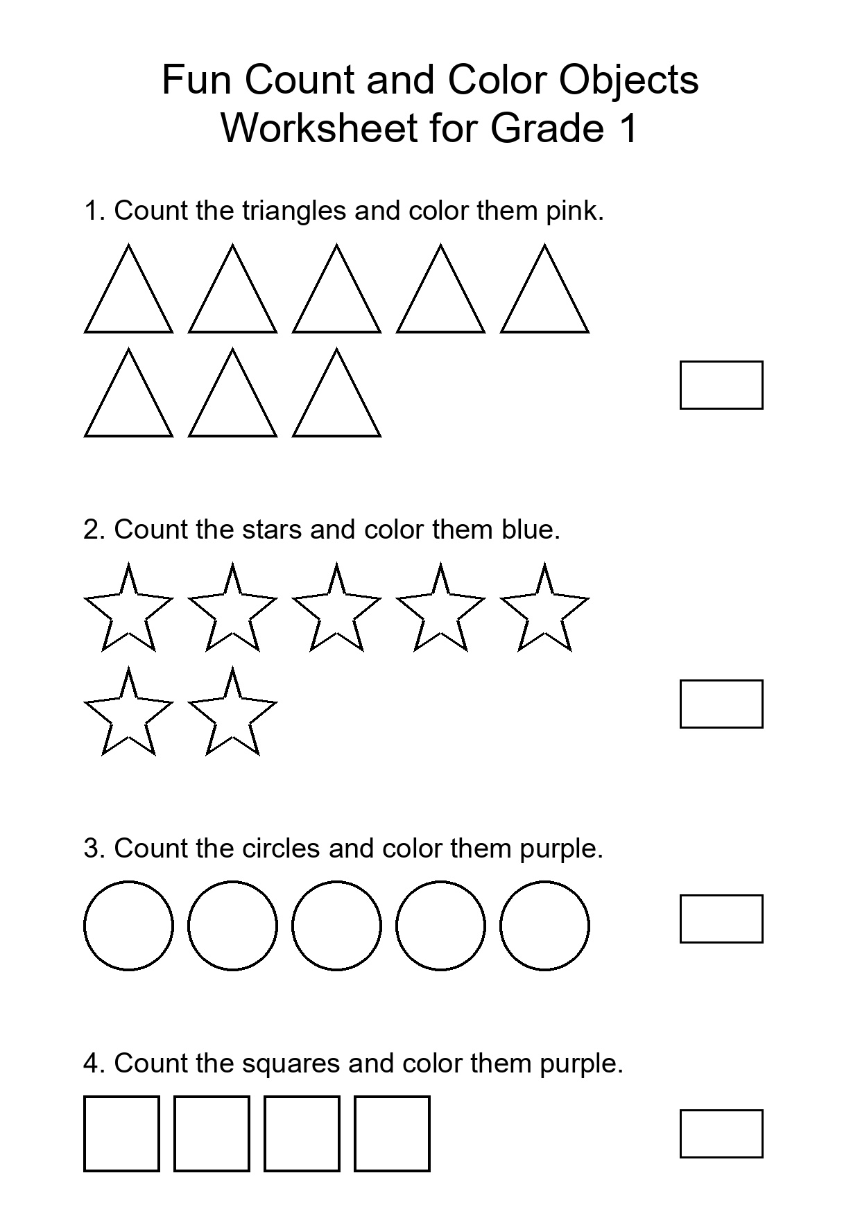 Fun Count and Color Objects Worksheet for Grade 1