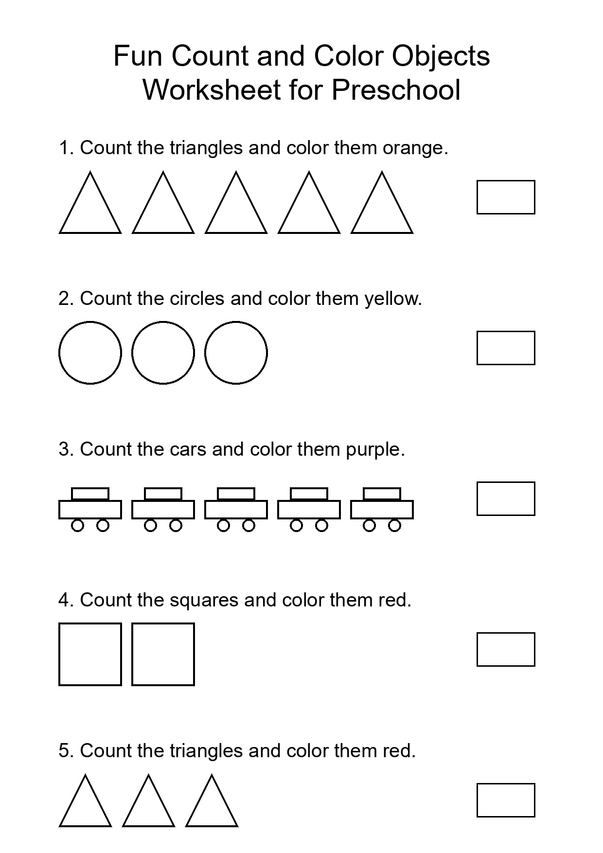 Fun Count and Color Objects Worksheet for Preschool