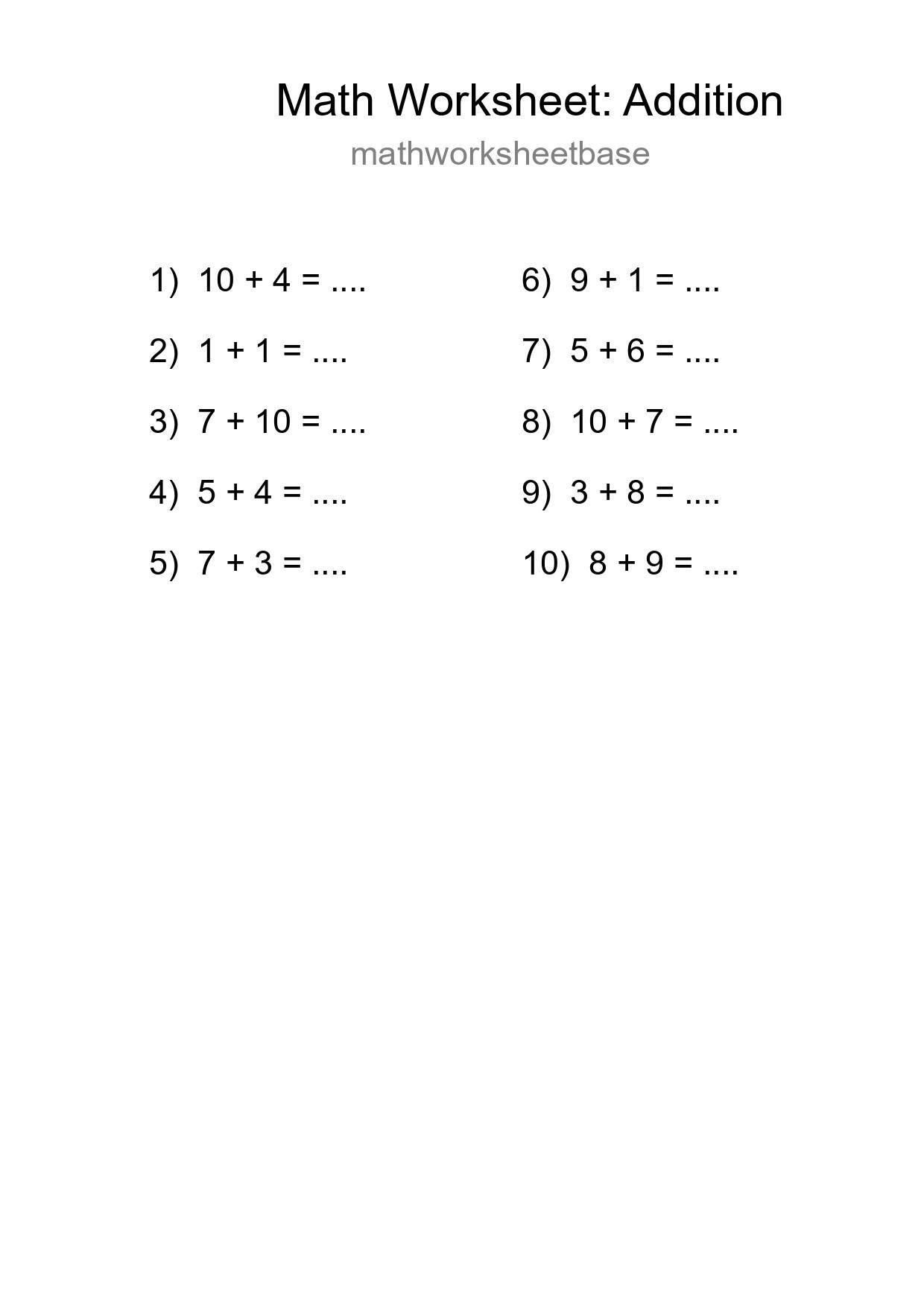 Grade 1 Addition Practice Worksheet (10 Problems) - Part 211