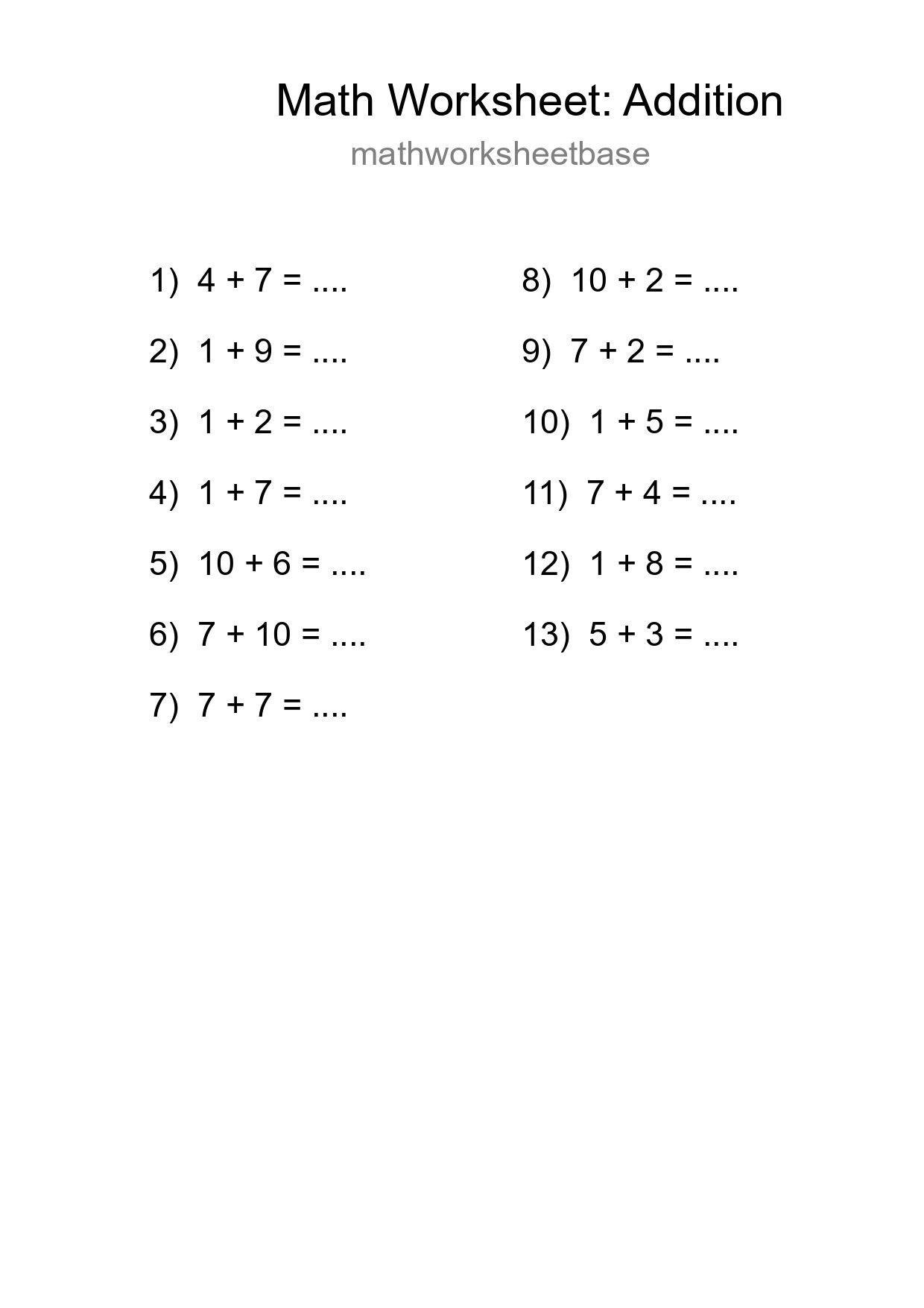 Grade 1 Addition Practice Worksheet (13 Problems) - Part 231