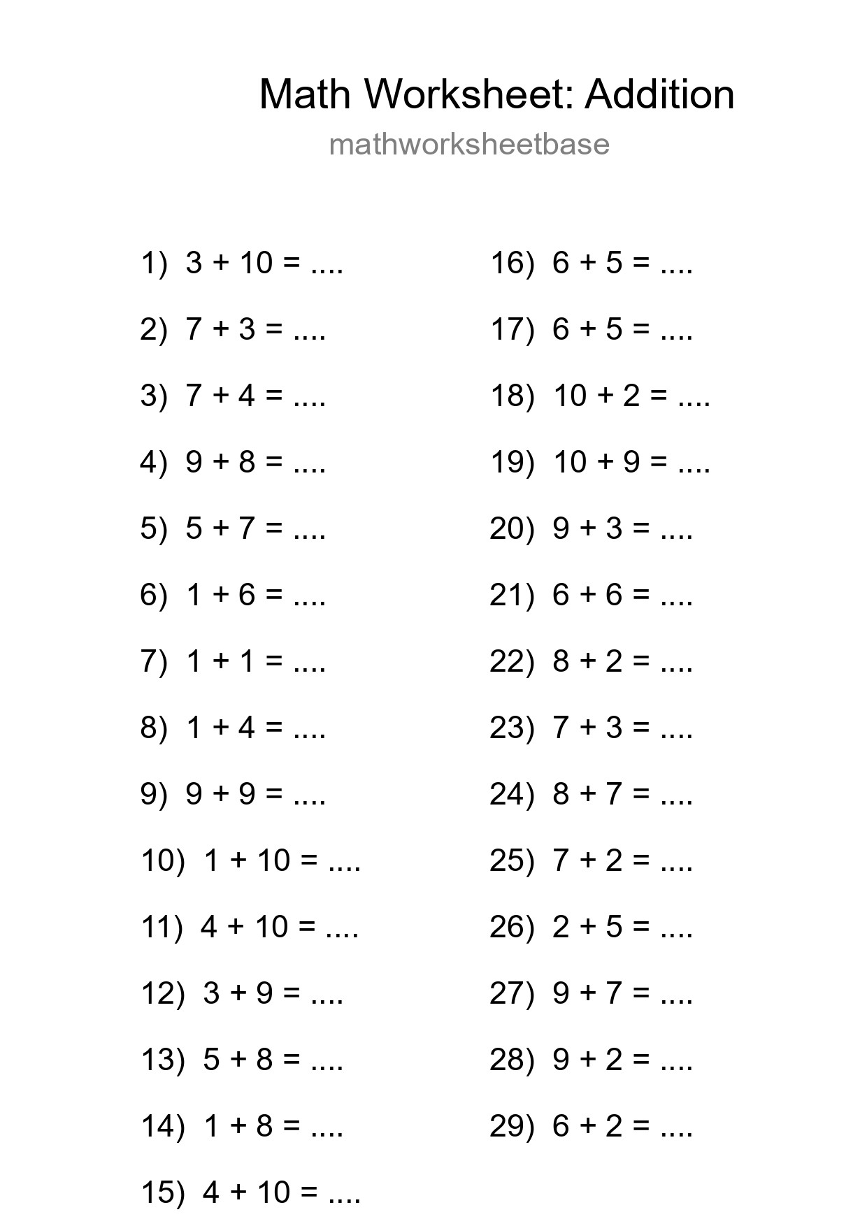 Grade 1 Addition Practice Worksheet (29 Problems) - Part 221