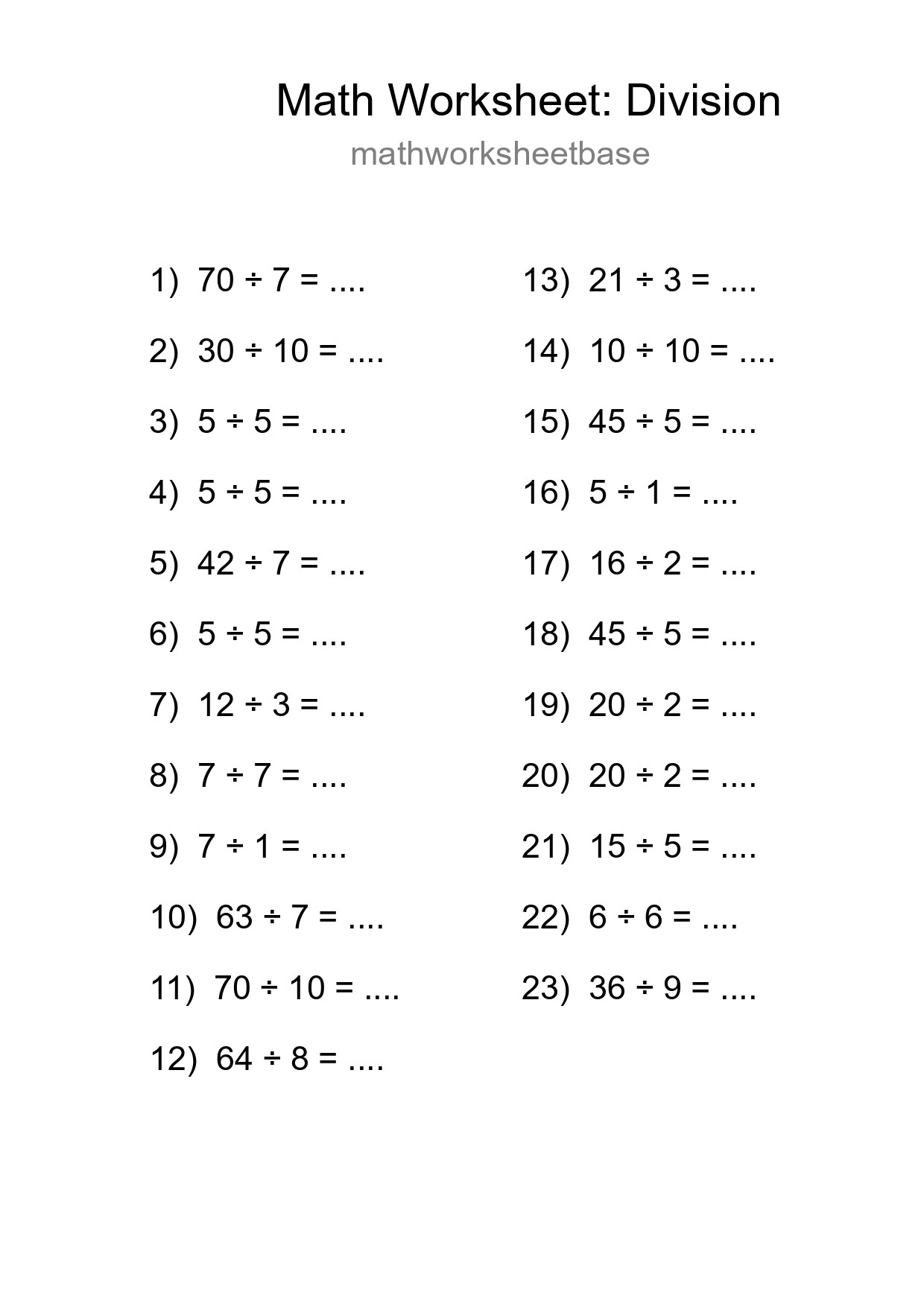 Grade 1 Division Practice Worksheet (23 Problems) - Part 4