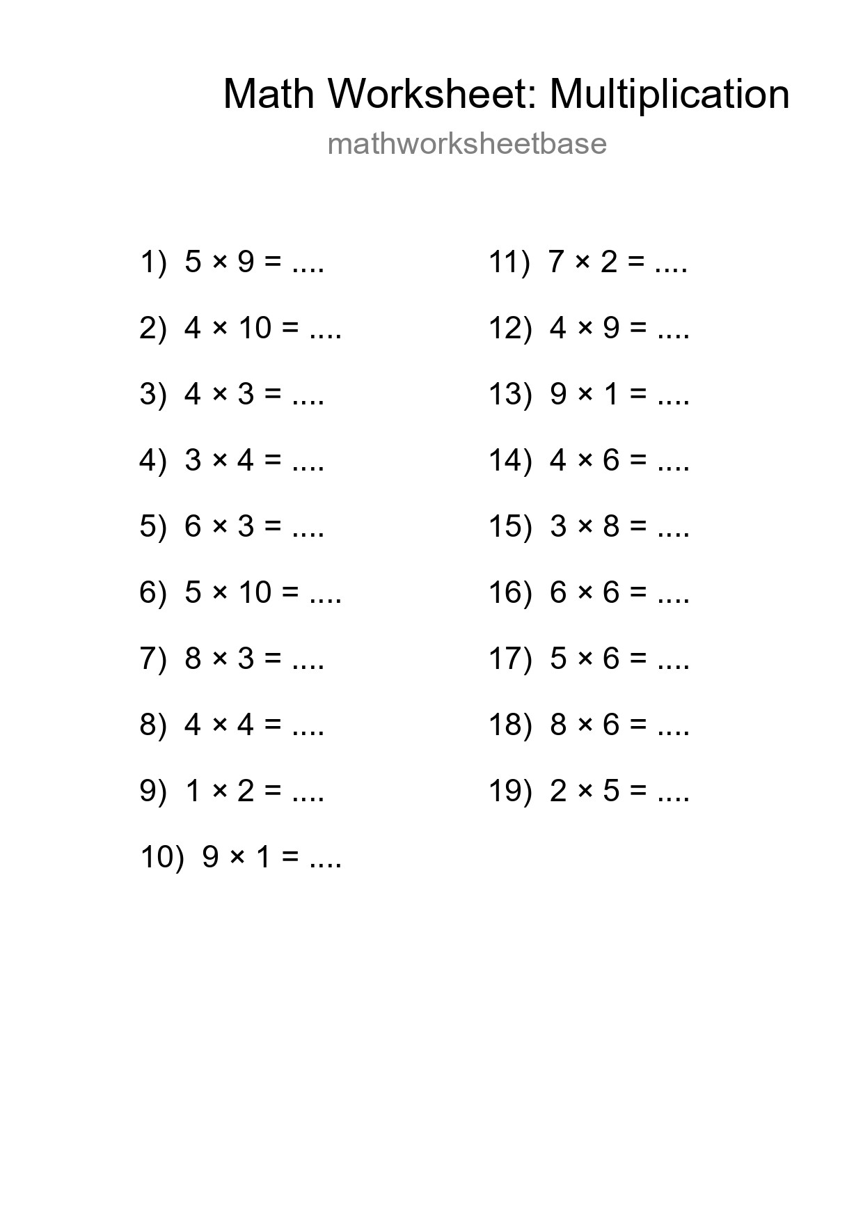 Grade 1 Multiplication Practice Worksheet (19 Problems) - Part 97