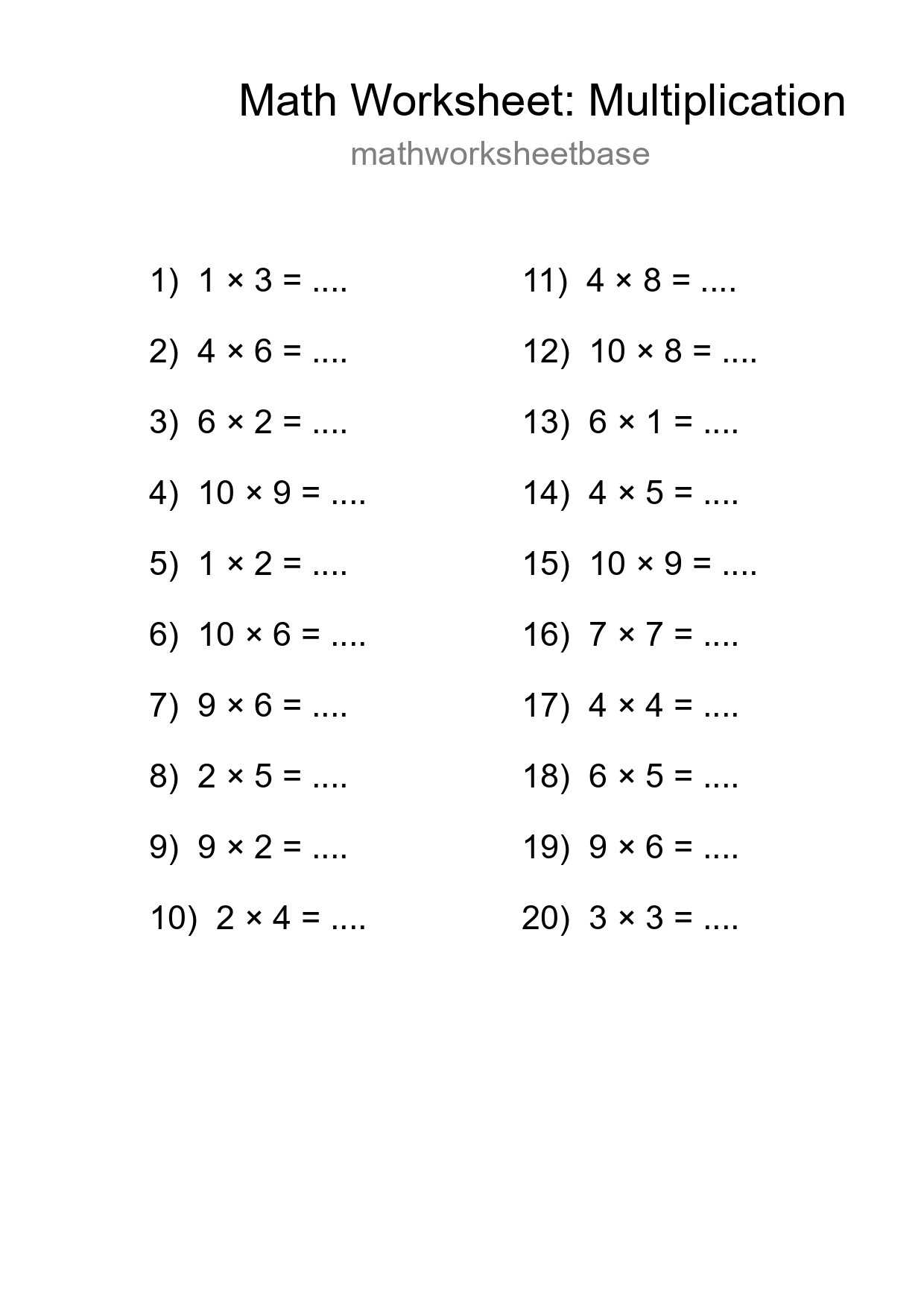 Grade 1 Multiplication Practice Worksheet (20 Problems) - Part 257