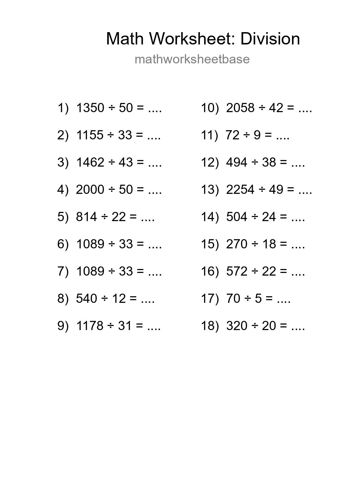 Grade 2 Division Practice Worksheet (18 Problems) - Part 14