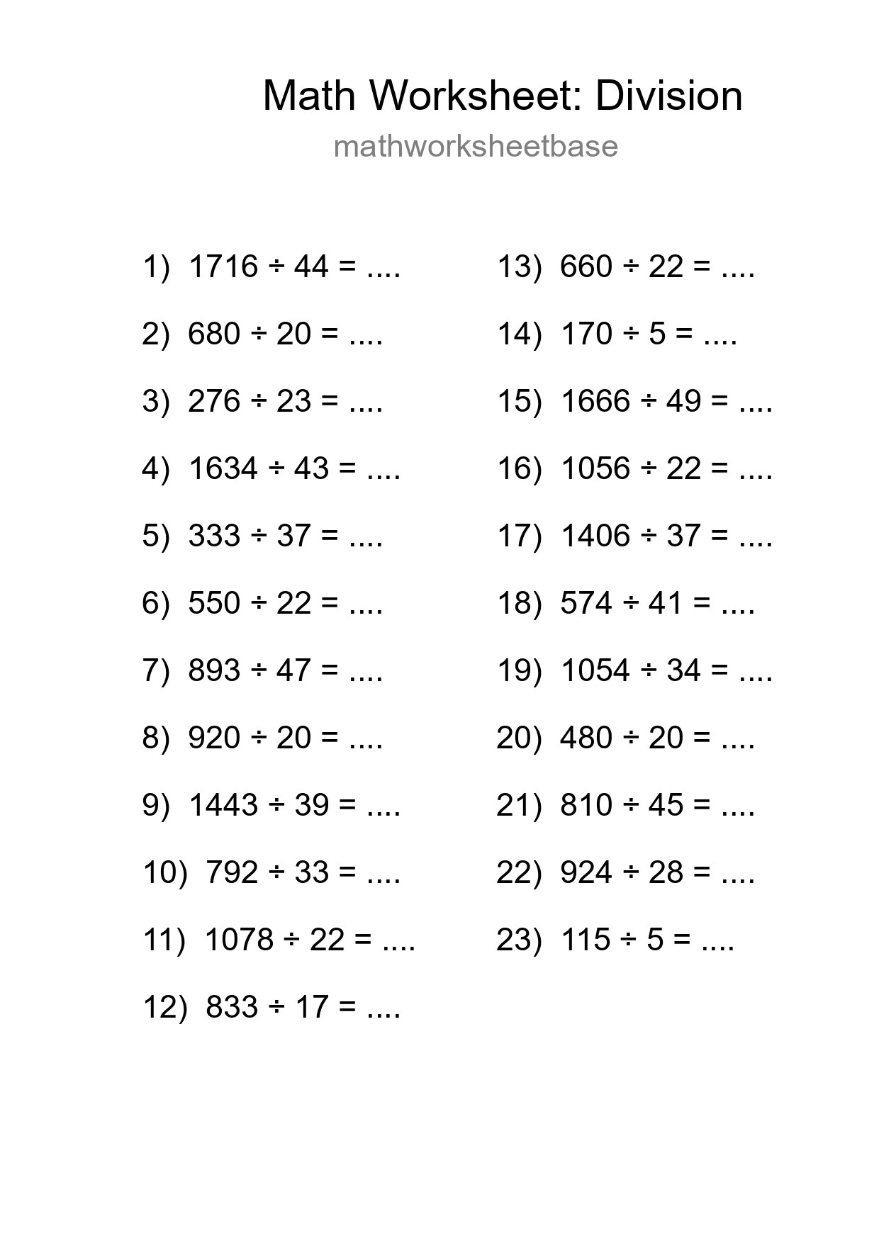 Grade 2 Division Practice Worksheet (23 Problems) - Part 274