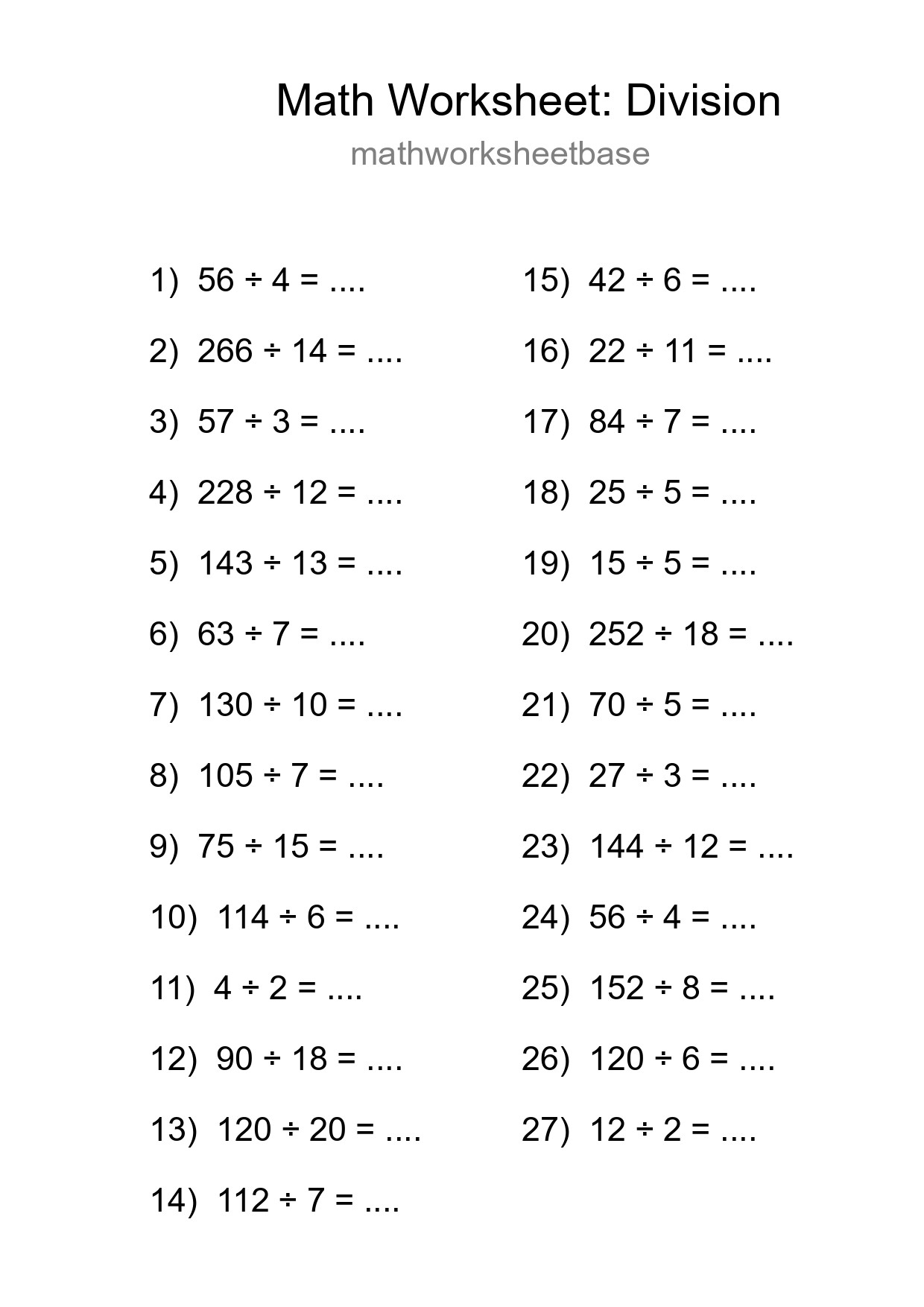 Grade 2 Division Practice Worksheet (27 Problems) - Part 214