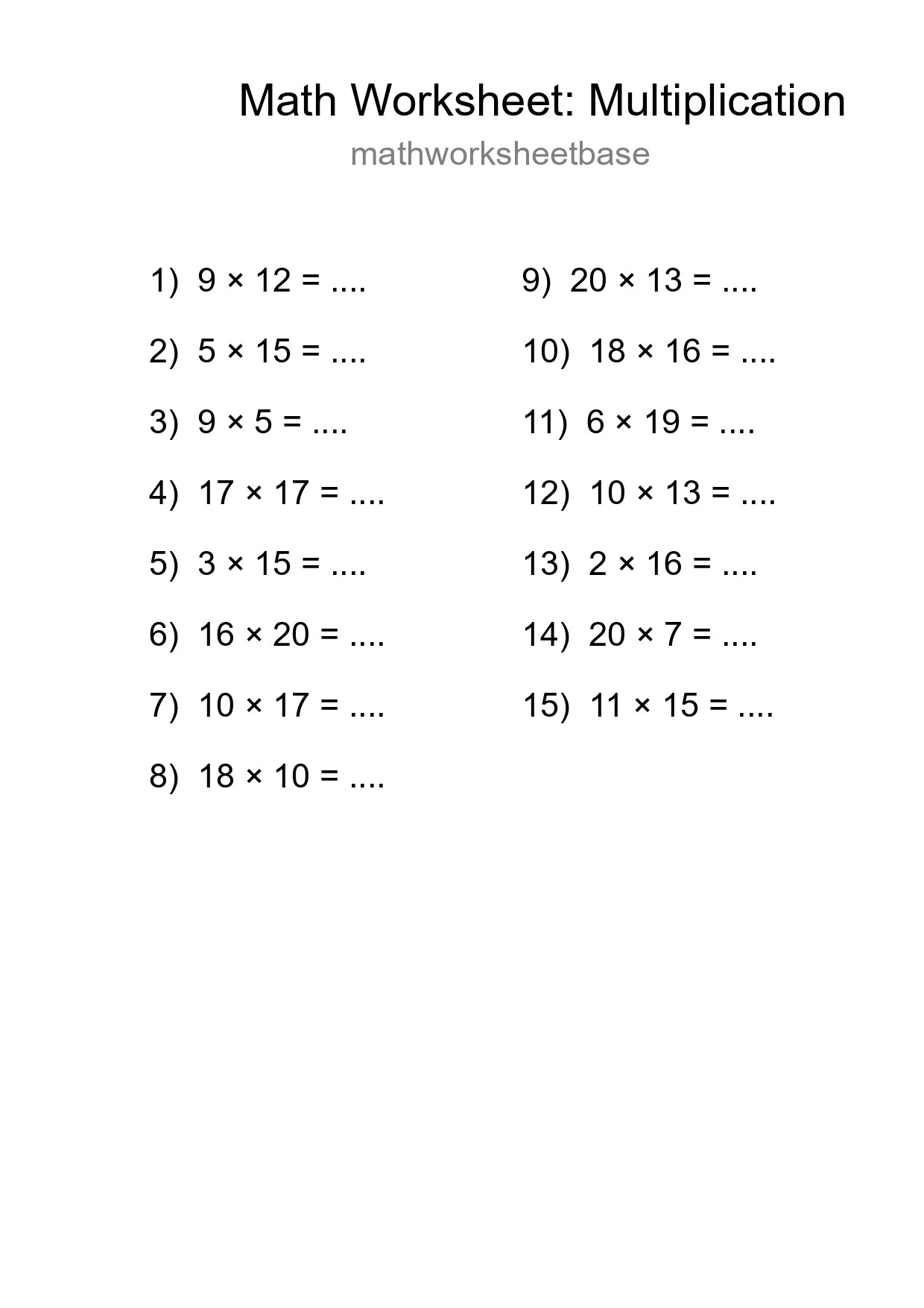 Grade 2 Multiplication Practice Worksheet (15 Problems) - Part 187