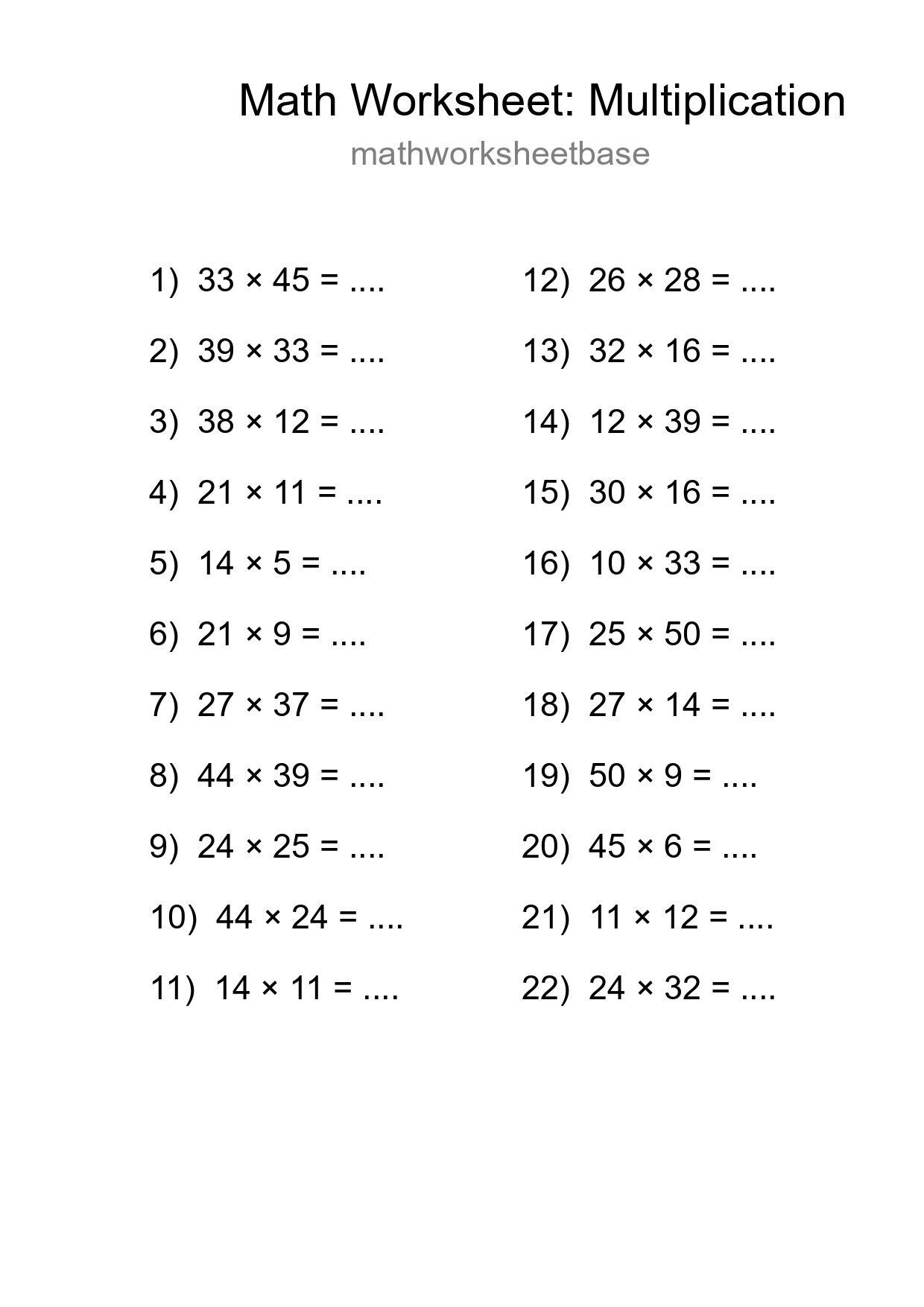 Grade 2 Multiplication Practice Worksheet (22 Problems) - Part 117
