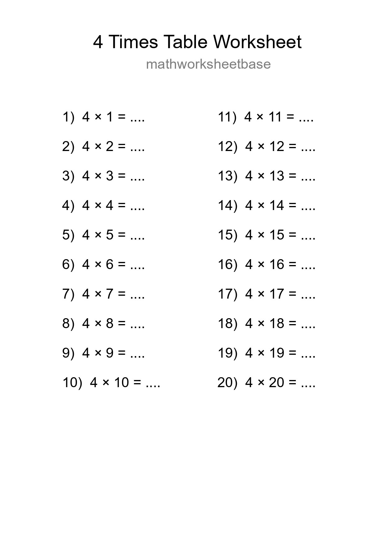 Grade 2 Multiplication Table 4 Practice - Part 149