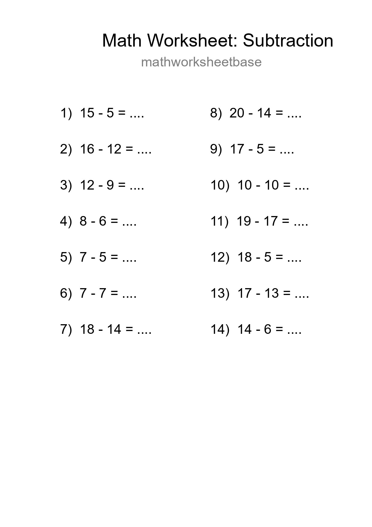 Grade 2 Subtraction Practice Worksheet (14 Problems) - Part 198