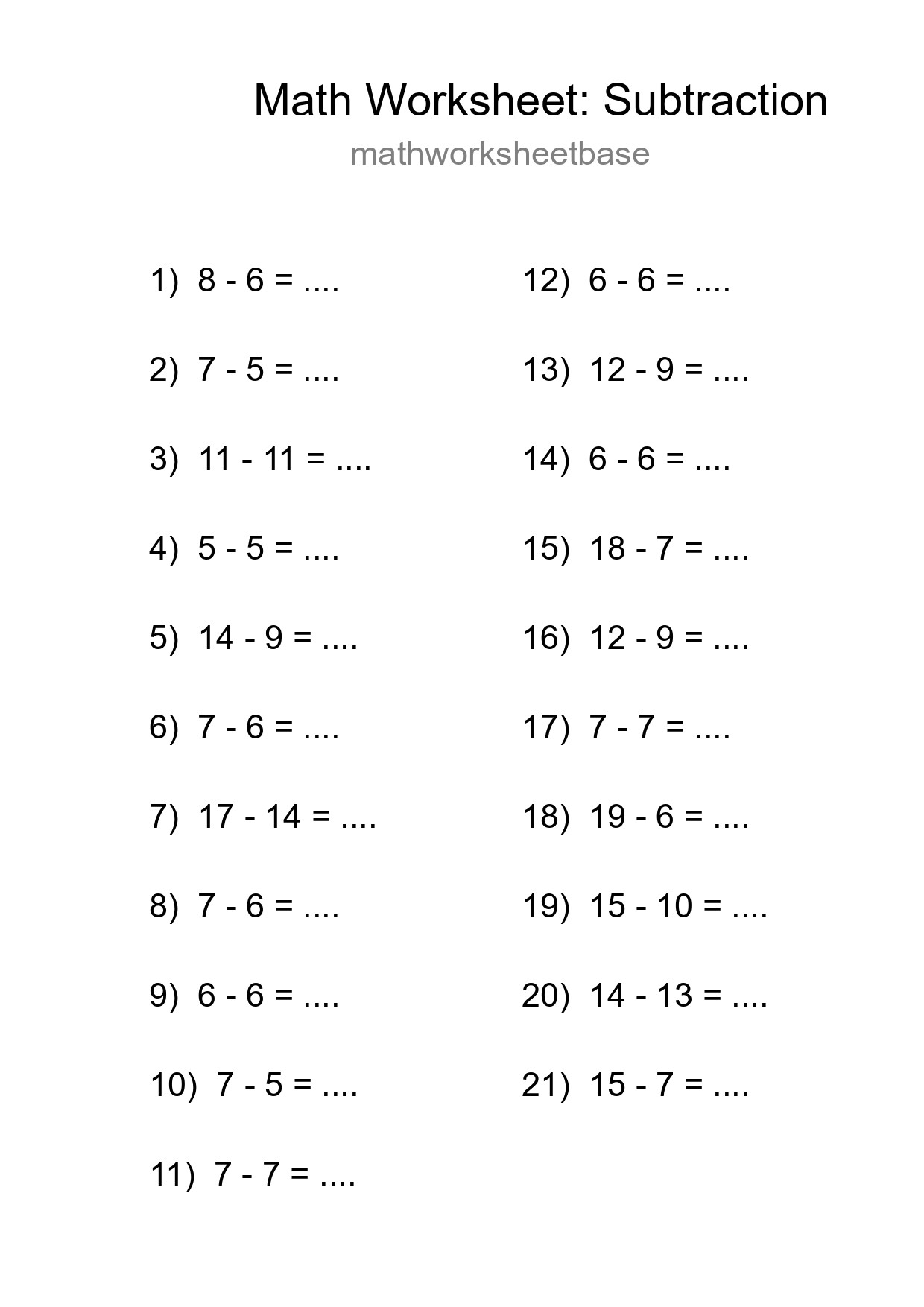 Grade 2 Subtraction Practice Worksheet (21 Problems) - Part 48
