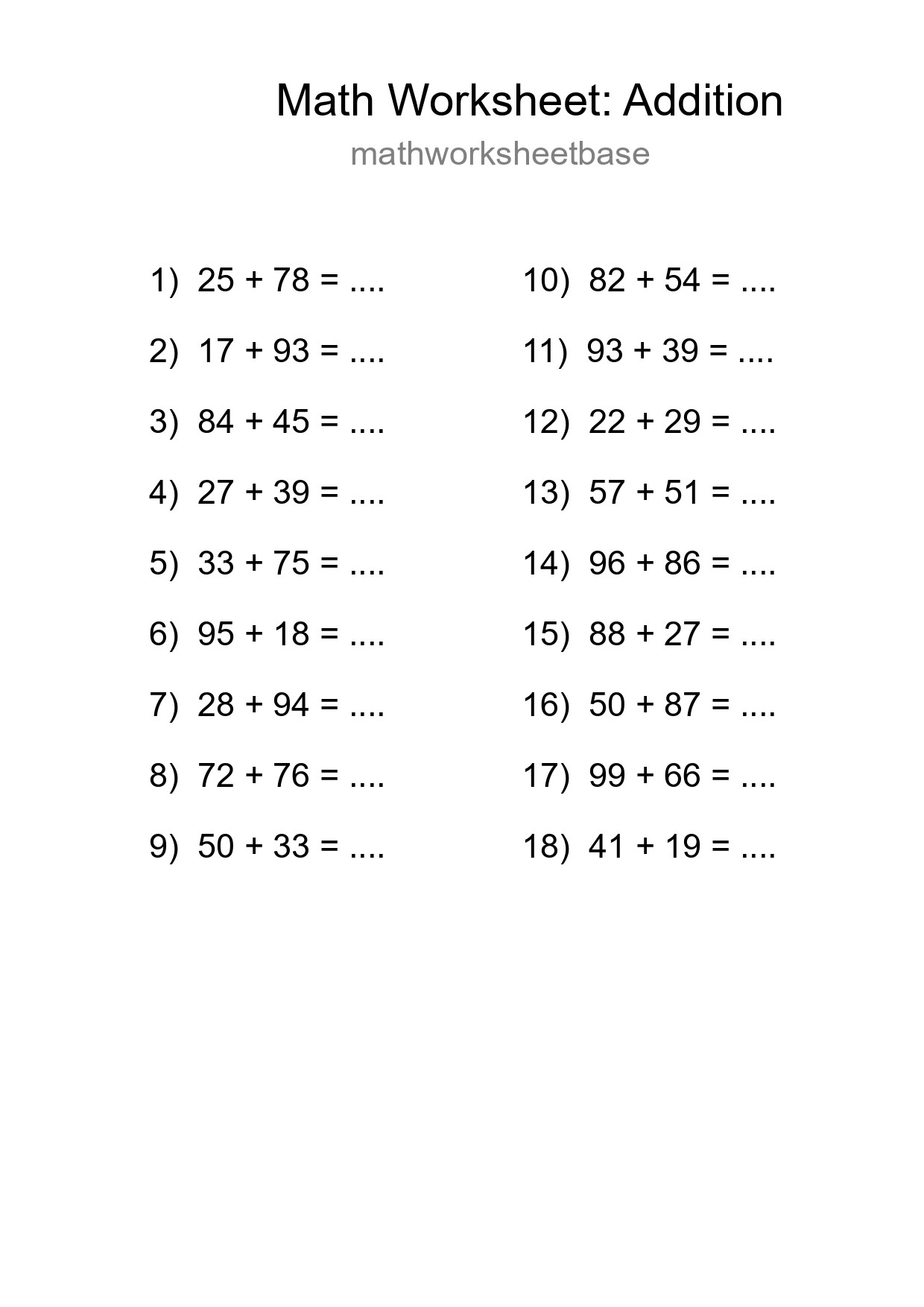 Grade 3 Addition Practice Worksheet (18 Problems) - Part 111