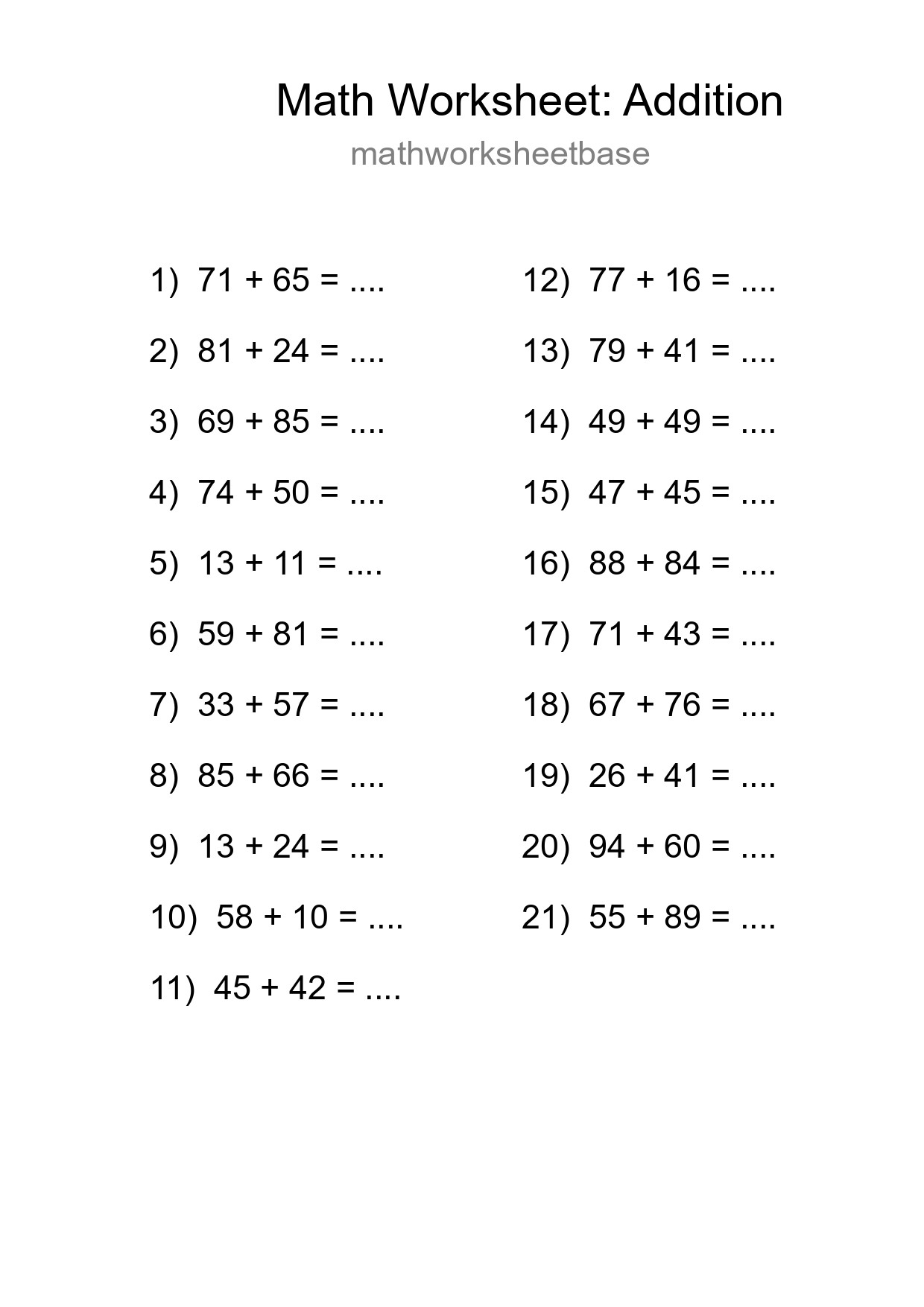 Grade 3 Addition Practice Worksheet (21 Problems)
