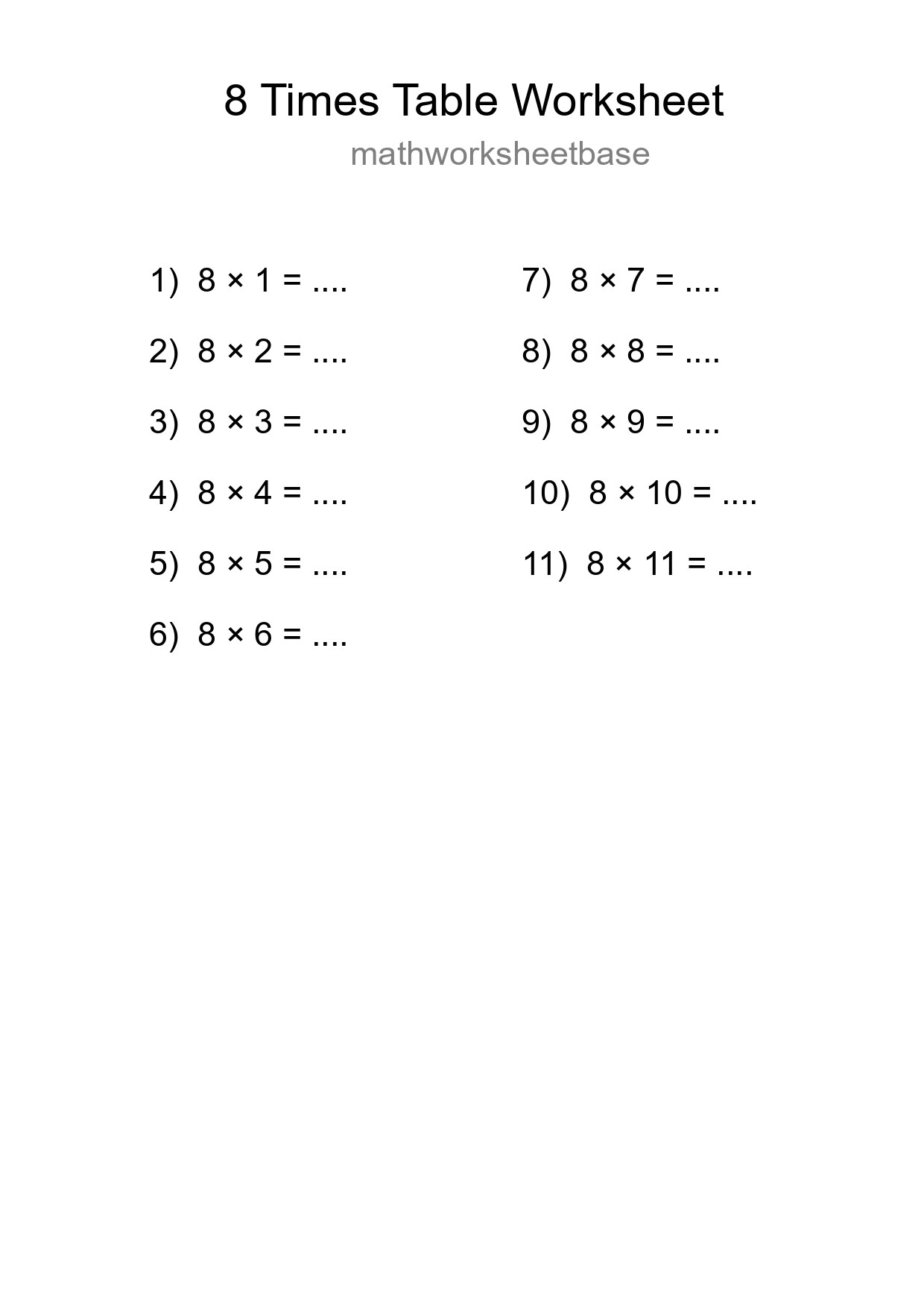 Grade 3 Multiplication Table 8 Practice - Part 39