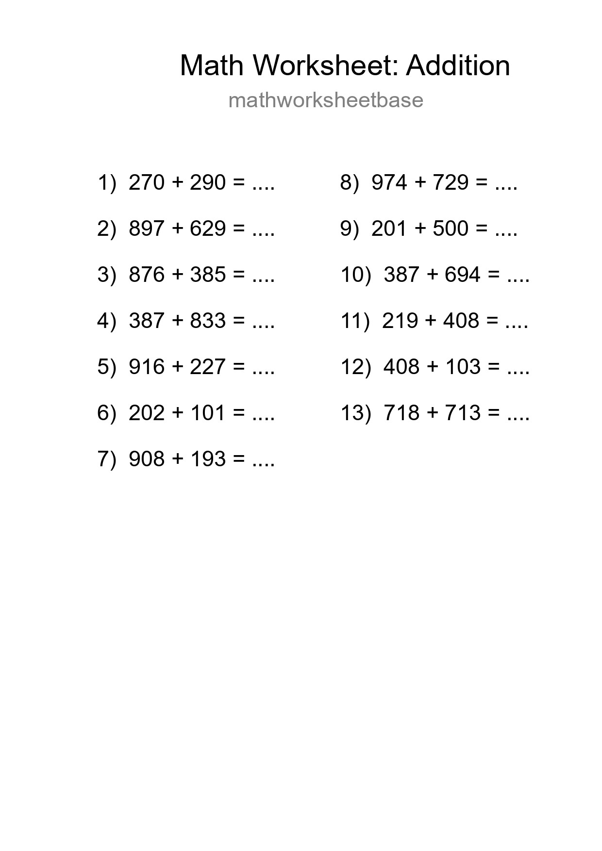 Grade 5 Addition Practice Worksheet (13 Problems) - Part 161
